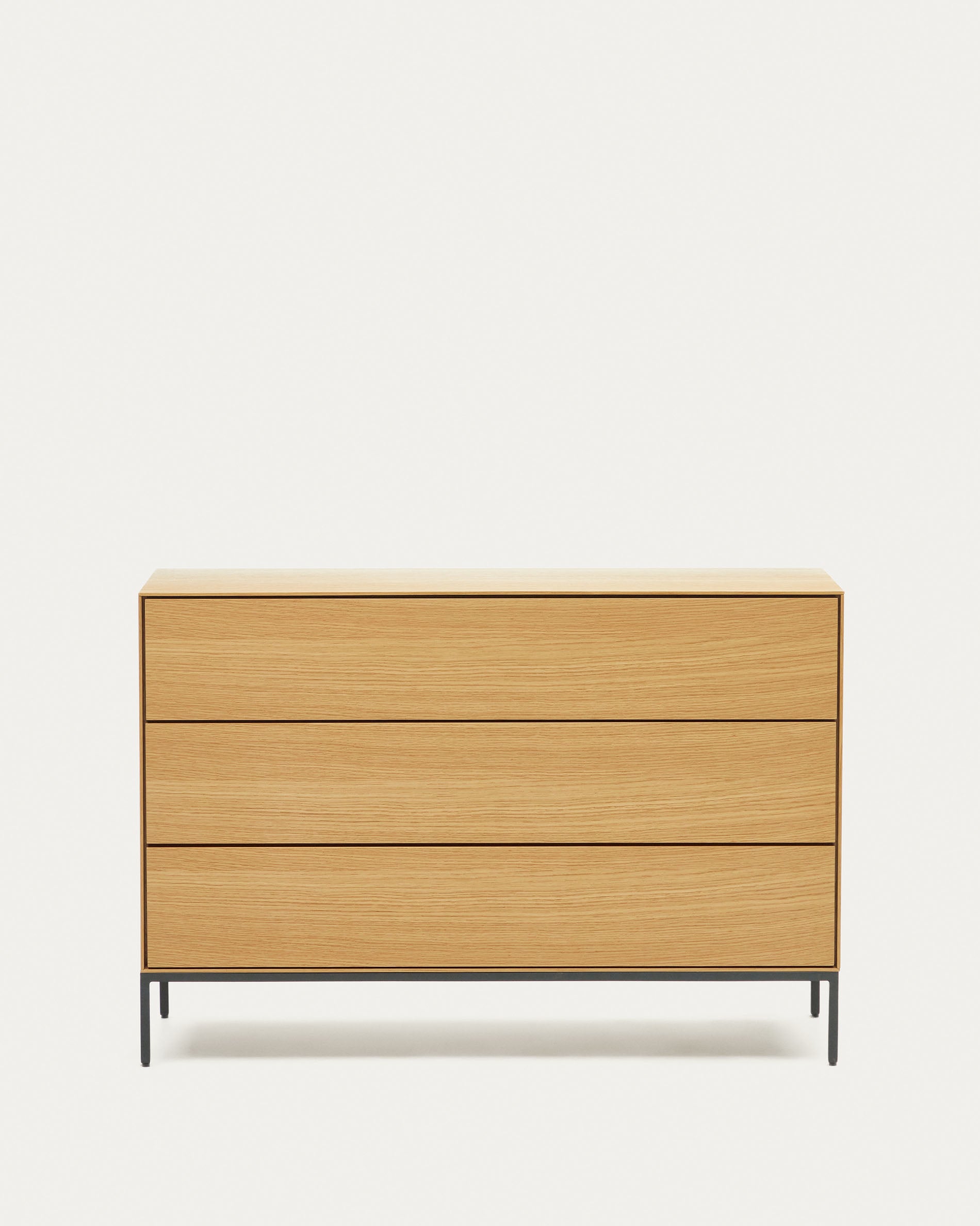 Vedrana 3 drawer chest of drawers in oak veneer with black steel legs, 110 x 75 cm - Product View