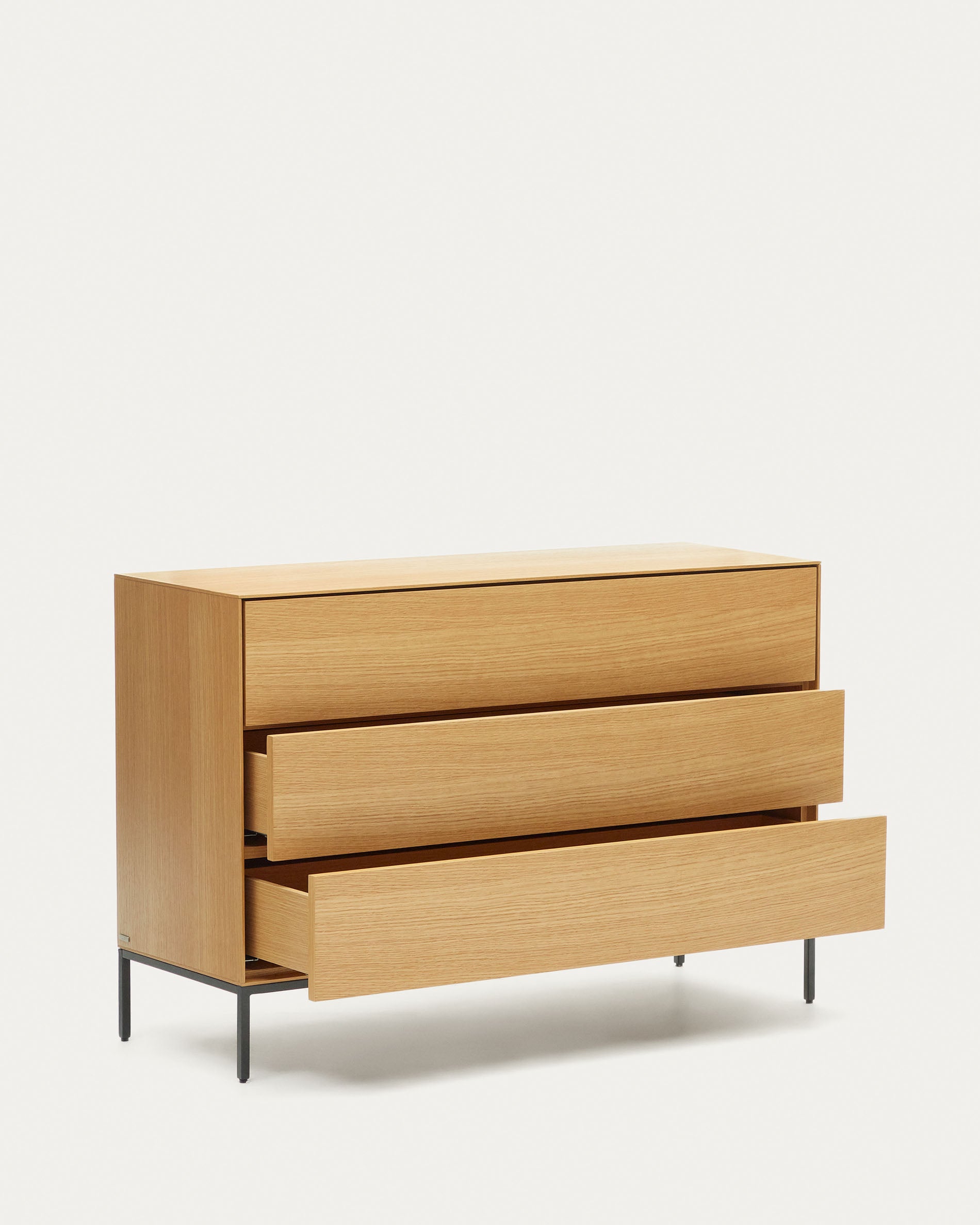 Vedrana 3 drawer chest of drawers in oak veneer with black steel legs, 110 x 75 cm - Product View