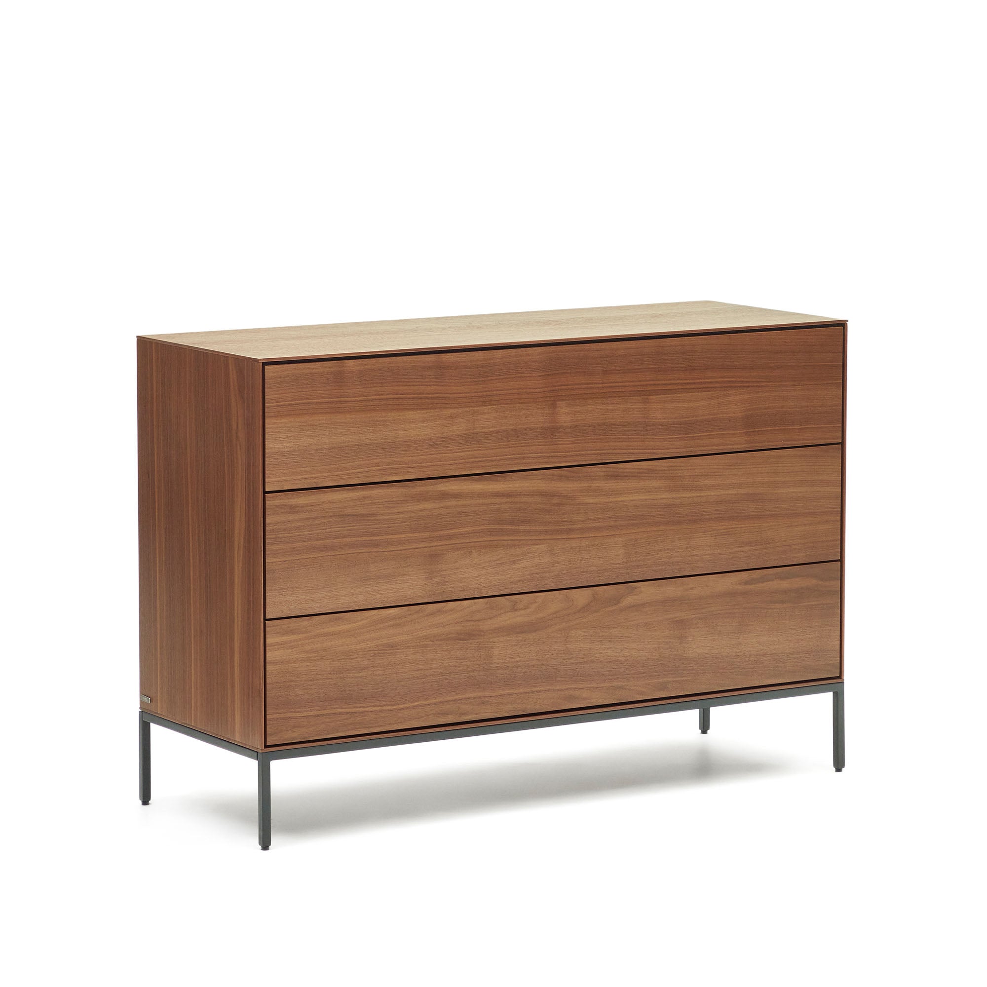 Vedrana 3 drawer chest of drawers in walnut veneer with black steel legs, 110 x 75 cm - Product Image