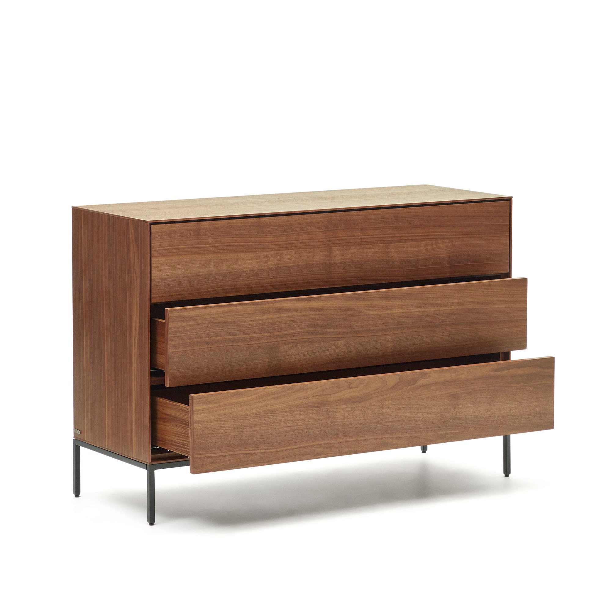 Vedrana 3 drawer chest of drawers in walnut veneer with black steel legs, 110 x 75 cm - Product Image