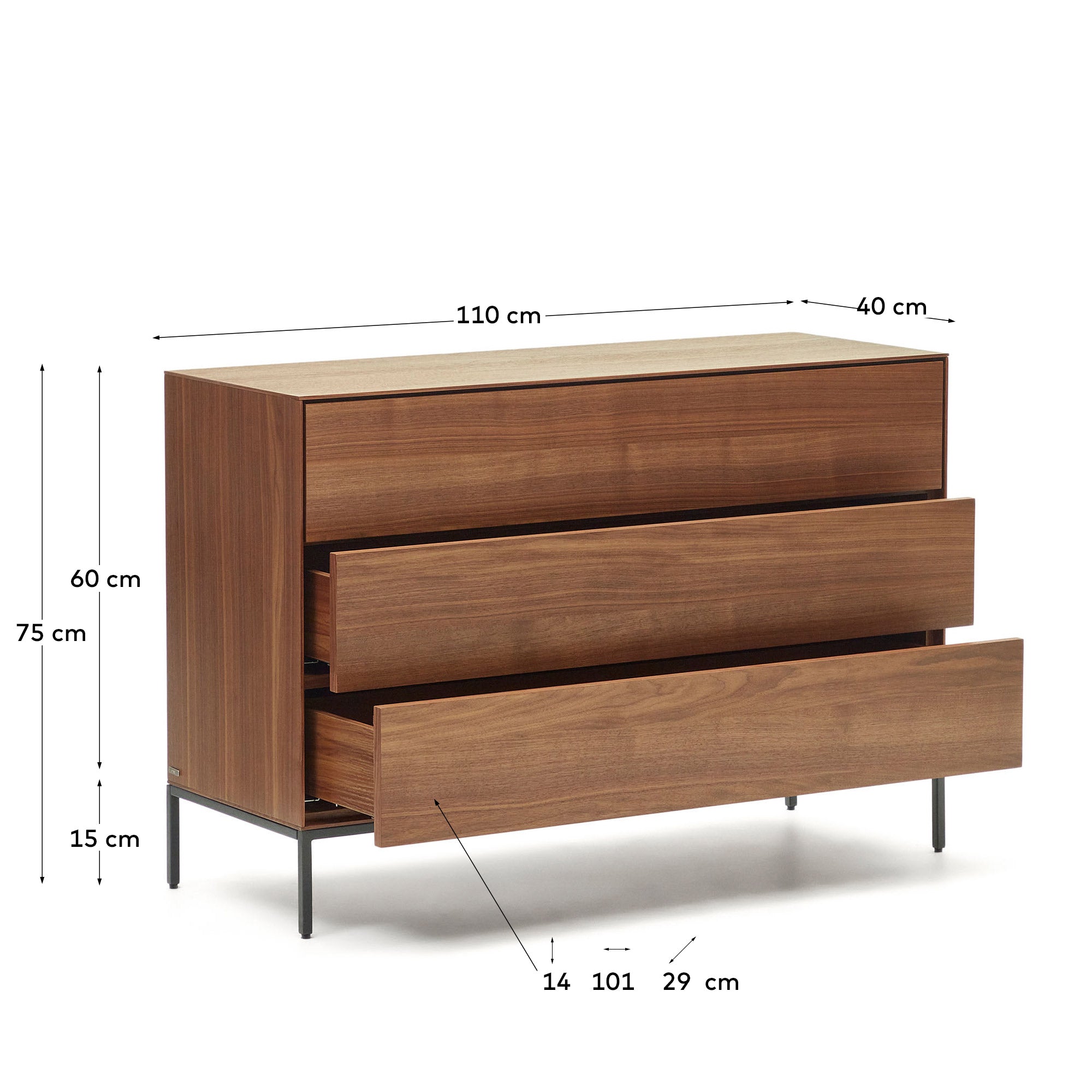 Vedrana 3 drawer chest of drawers in walnut veneer with black steel legs, 110 x 75 cm - Measurements