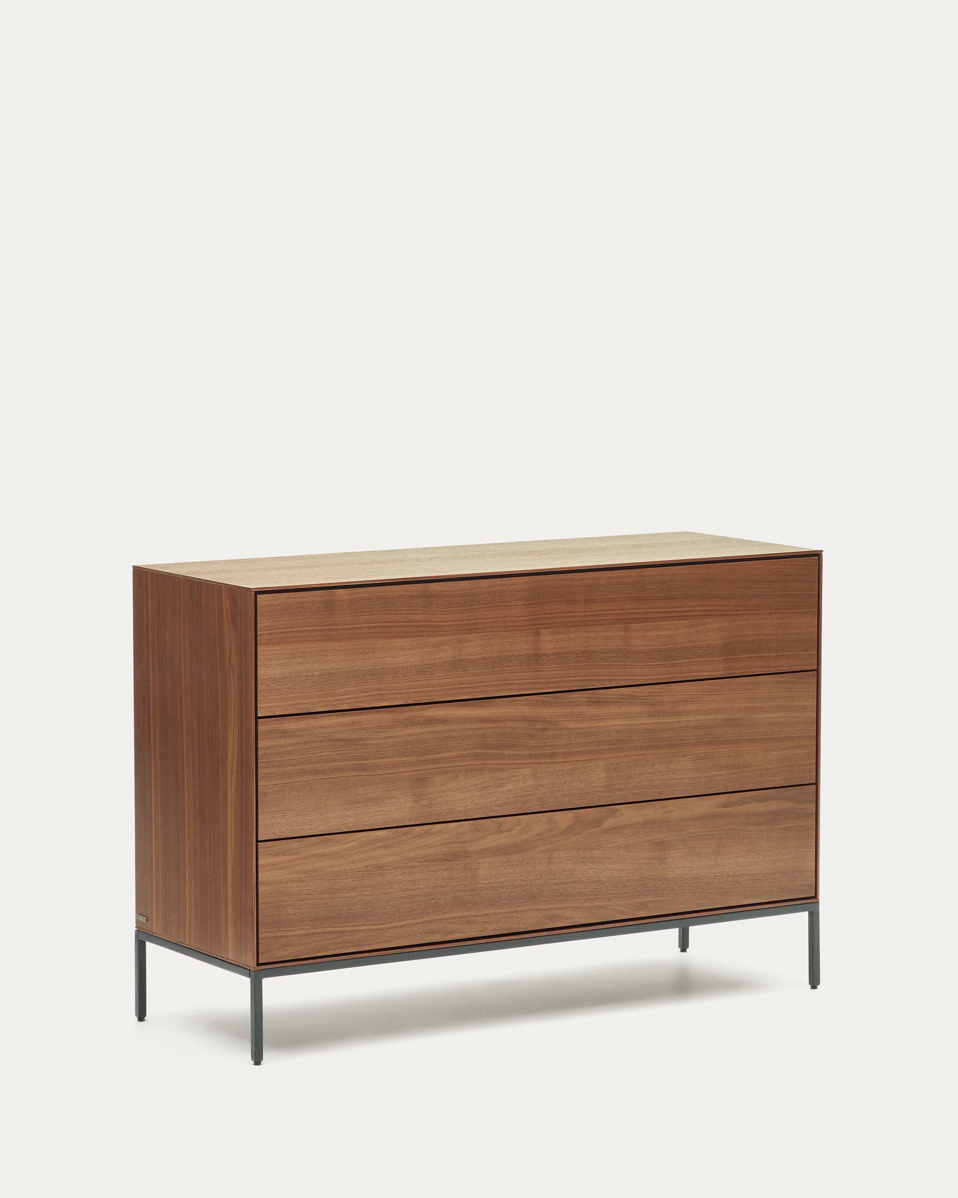 Vedrana 3 drawer chest of drawers in walnut veneer with black steel legs, 110 x 75 cm - Product View