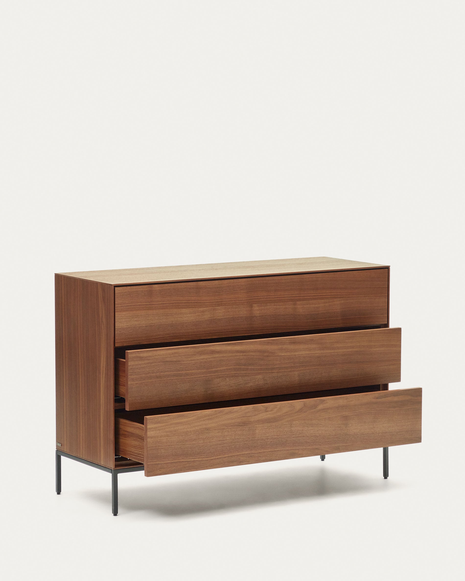 Vedrana 3 drawer chest of drawers in walnut veneer with black steel legs, 110 x 75 cm - Product View