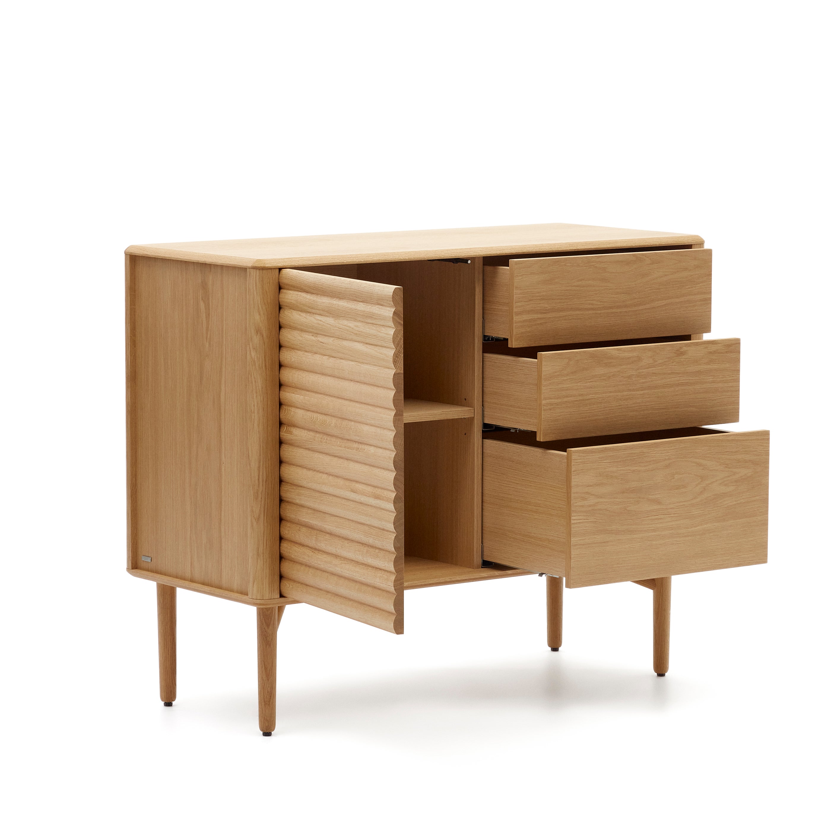 Lenon sideboard with 1 door and 3 drawers, made from oak wood and veneer, 105 x 85 cm FSC MIX Credit - Product Image