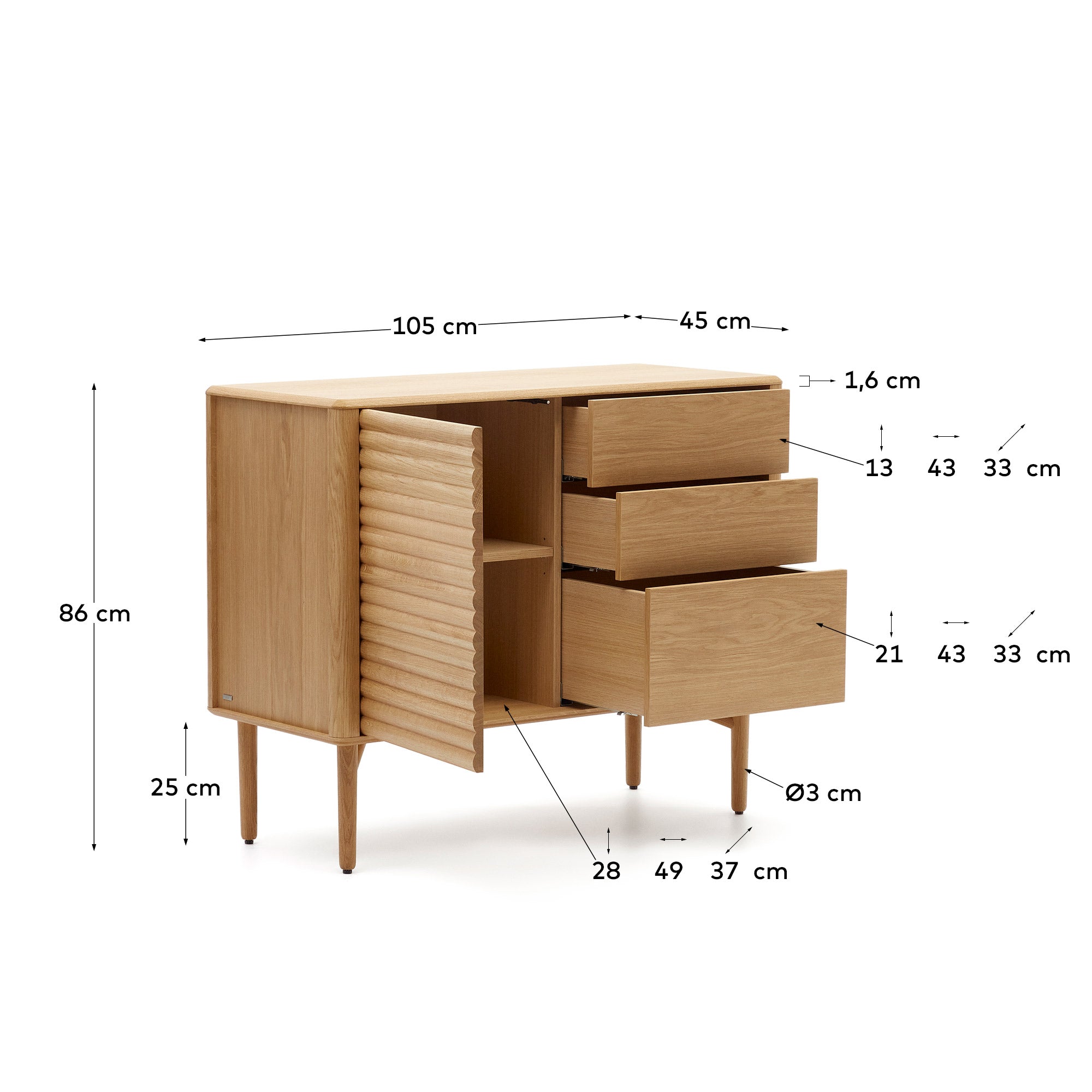 Lenon sideboard with 1 door and 3 drawers, made from oak wood and veneer, 105 x 85 cm FSC MIX Credit - Measurements