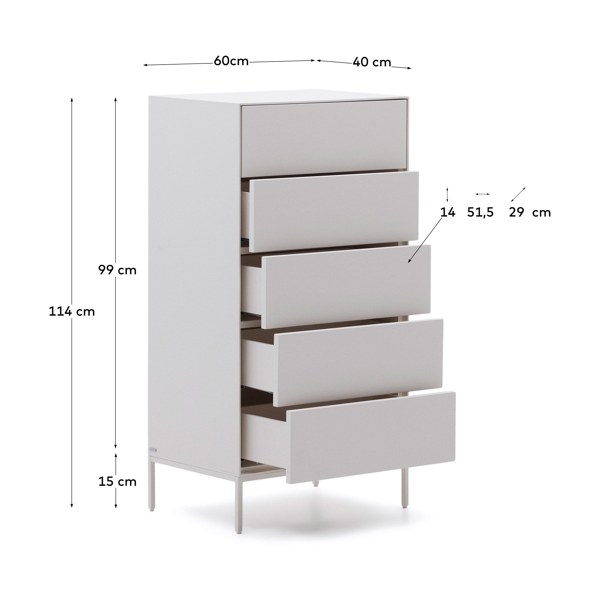 Vedrana 5-drawer chest of drawers white lacquered MDF 60 x 114 cm - Measurements