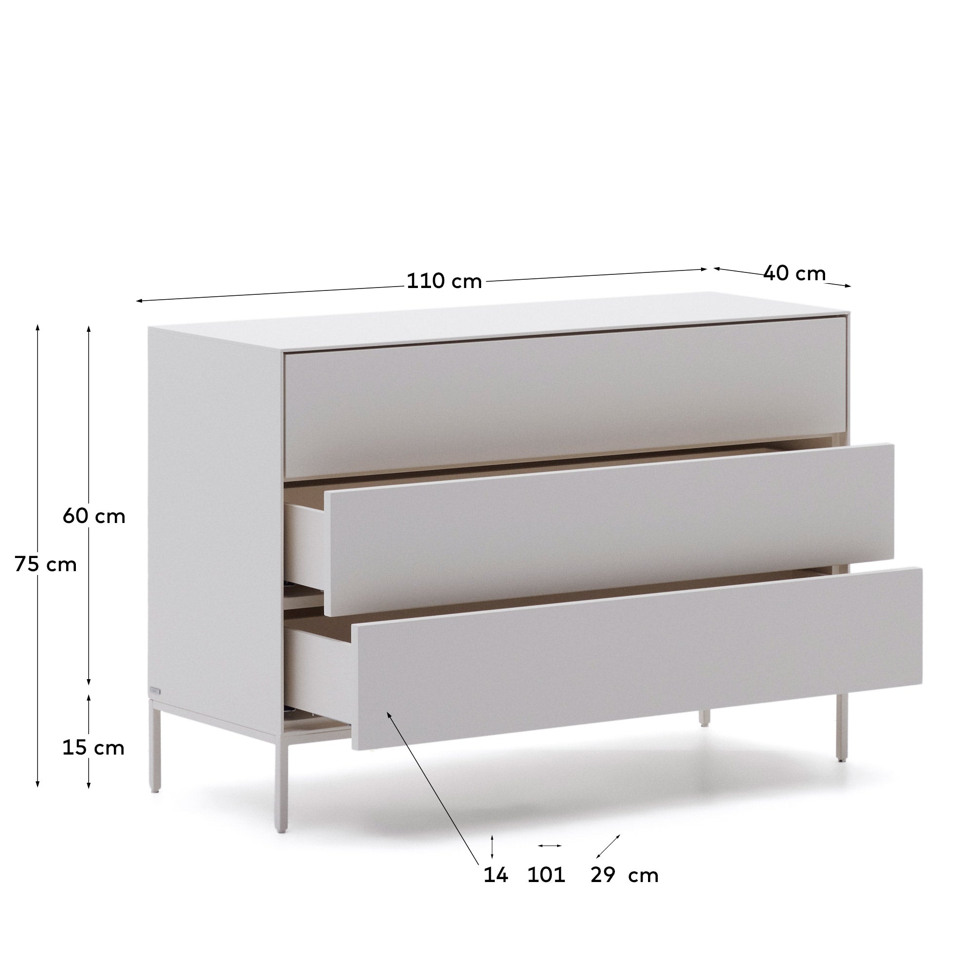 Vedrana 3-drawer chest of drawers white lacquered MDF 110 x 75 cm - Measurements