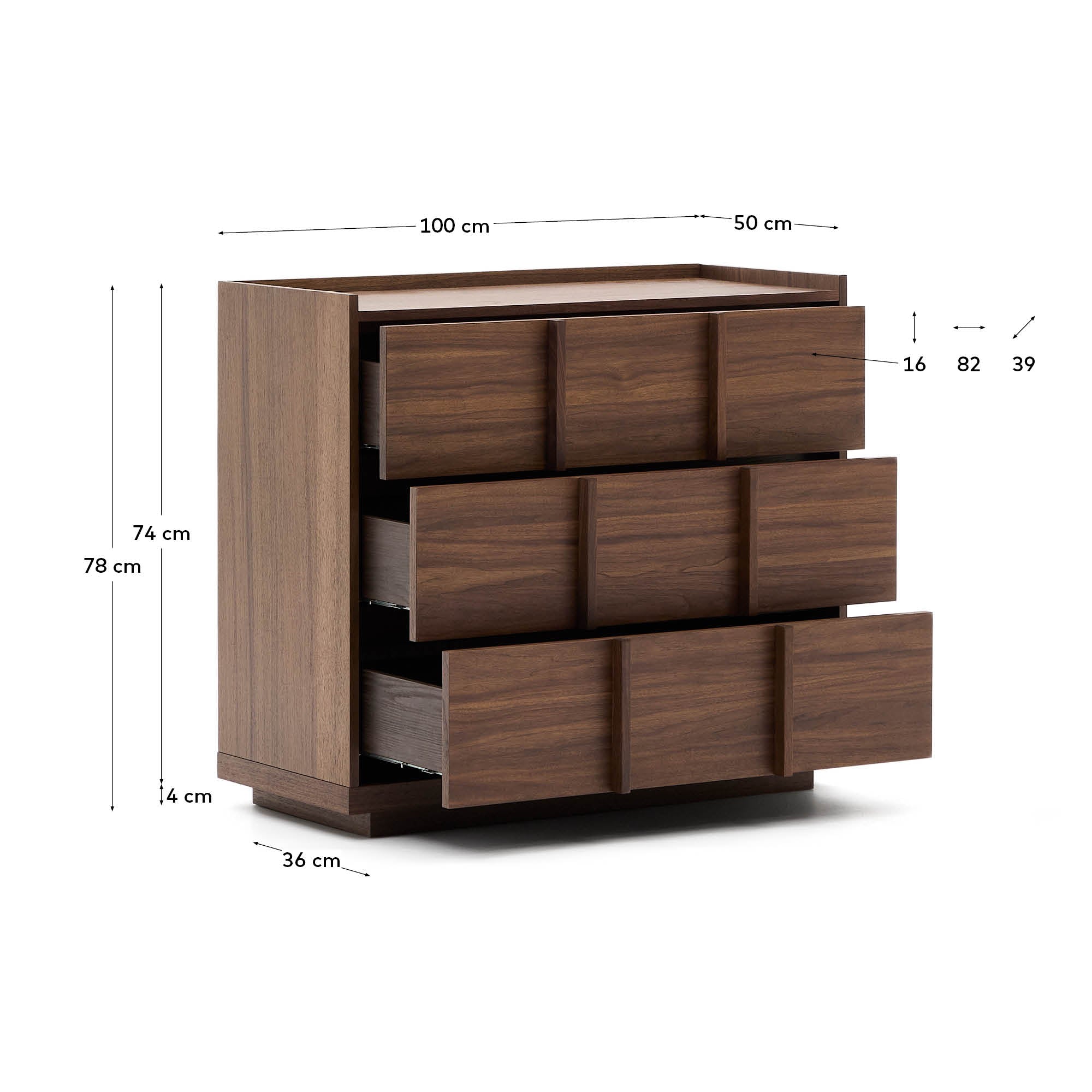 Onix chest of drawers with 3 drawers, walnut veneer, dark finish, 100x78cm FSC Mix Credit - Measurements