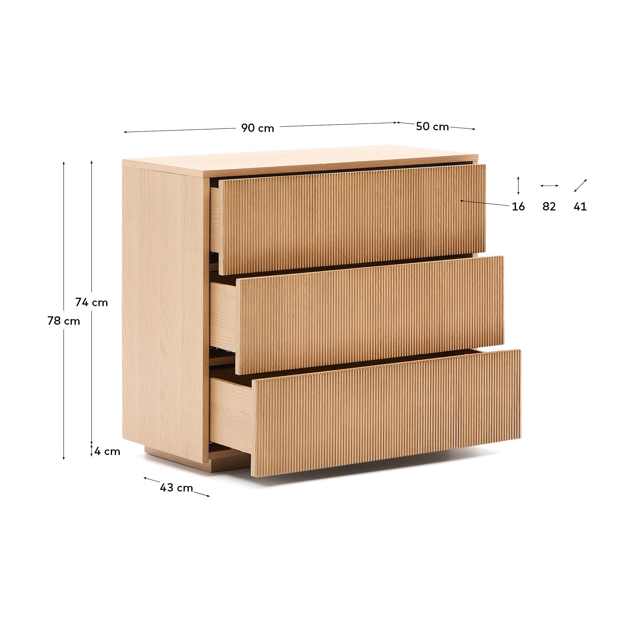 Helvine chest of 3 drawers in oak veneer 90 x 78 cm FSC 100% - Measurements