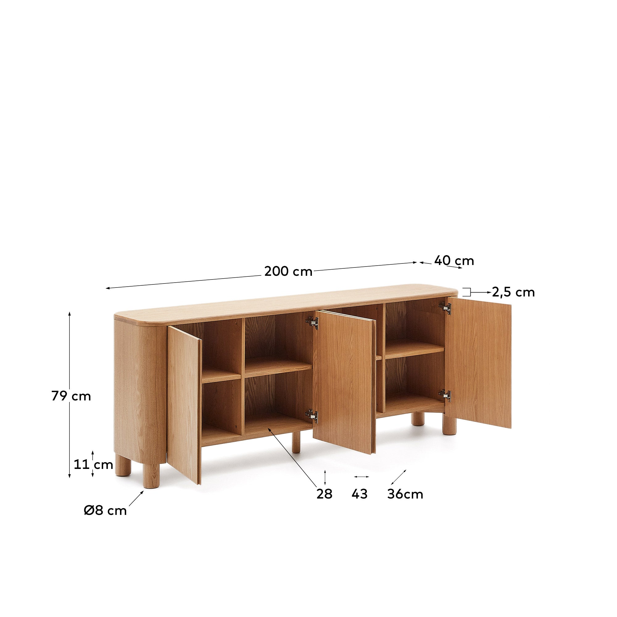 Salaya sideboard in  ash plywood FSC Mix Credit, 200 cm x 79 cm - Measurements