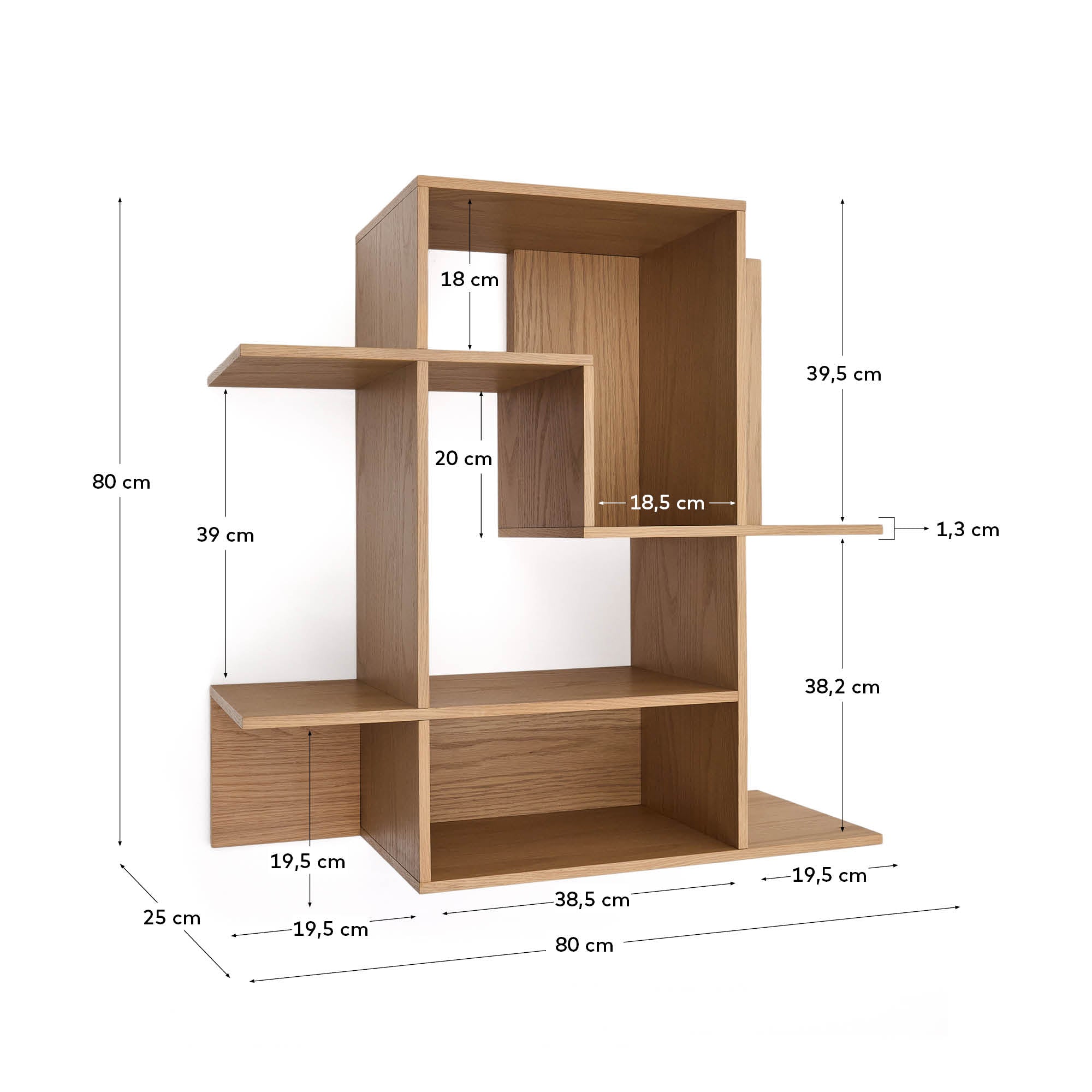 Ina modular shelving unit in oak veneer with natural finish 80 x 80cm FSC 100% - Measurements