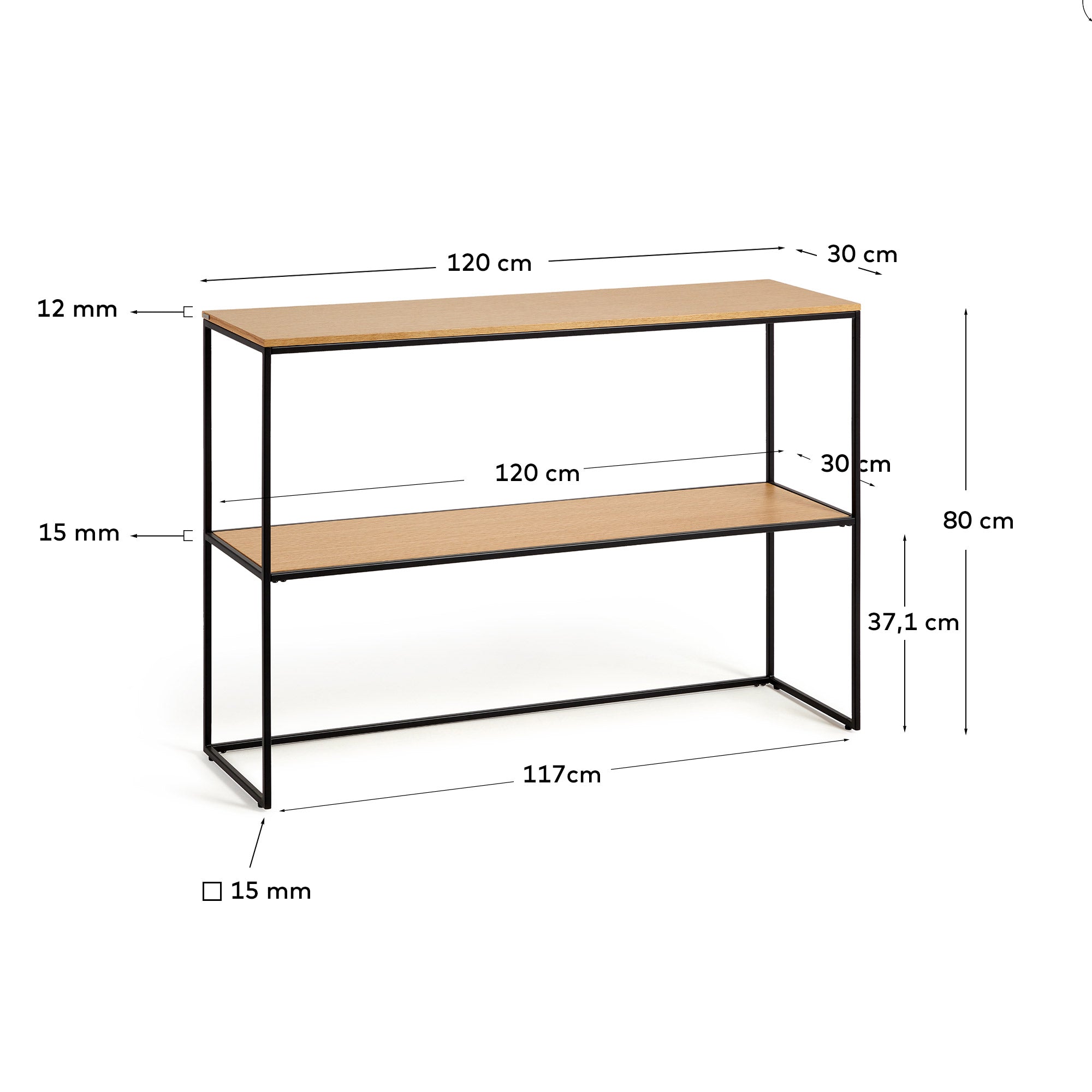 Yoana console table with oak wood veneer and painted black metal structure, 120 x 80 cm - Measurements