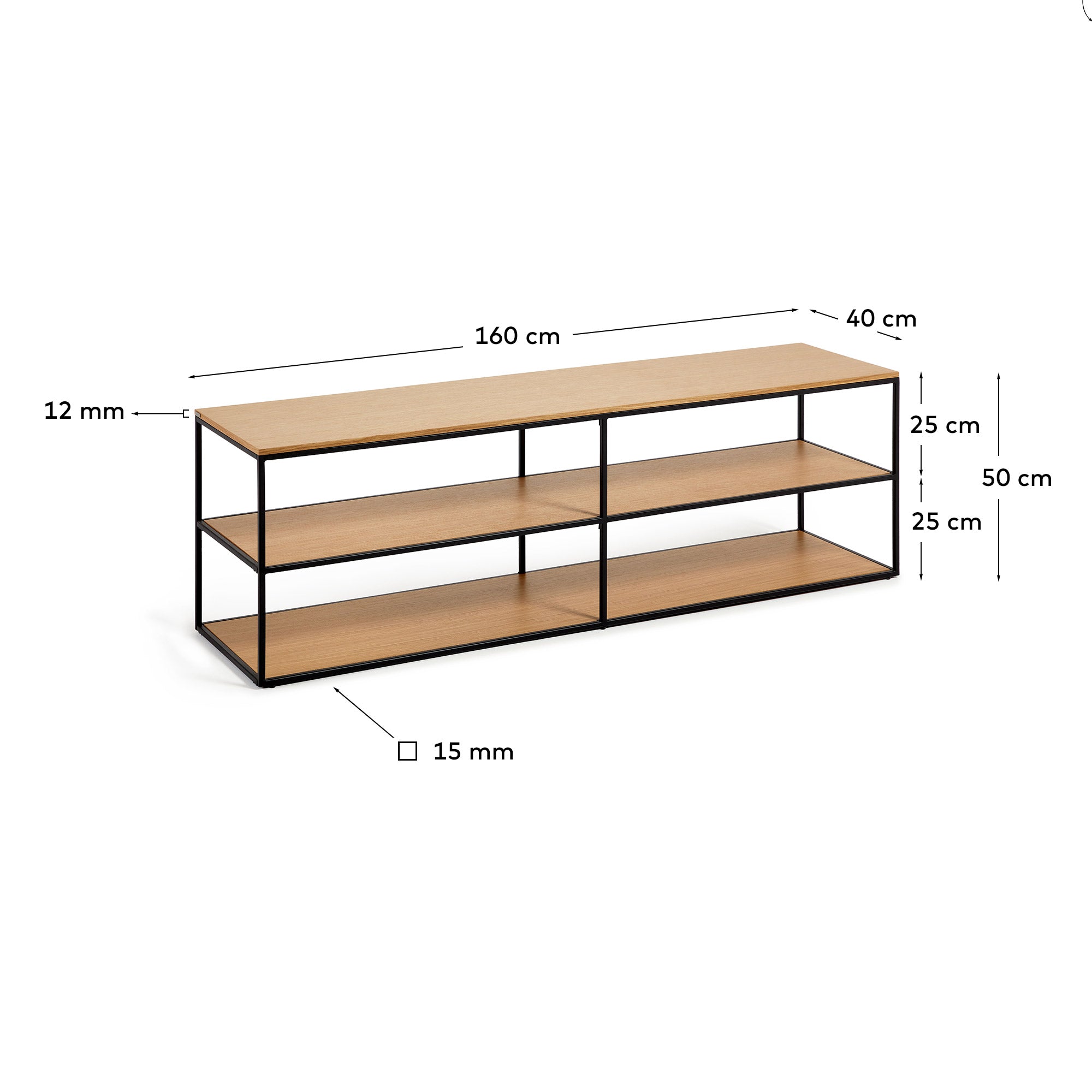 Yoana TV stand with an oak wood veneer and painted black metal structure, 160 x 40 cm - Measurements
