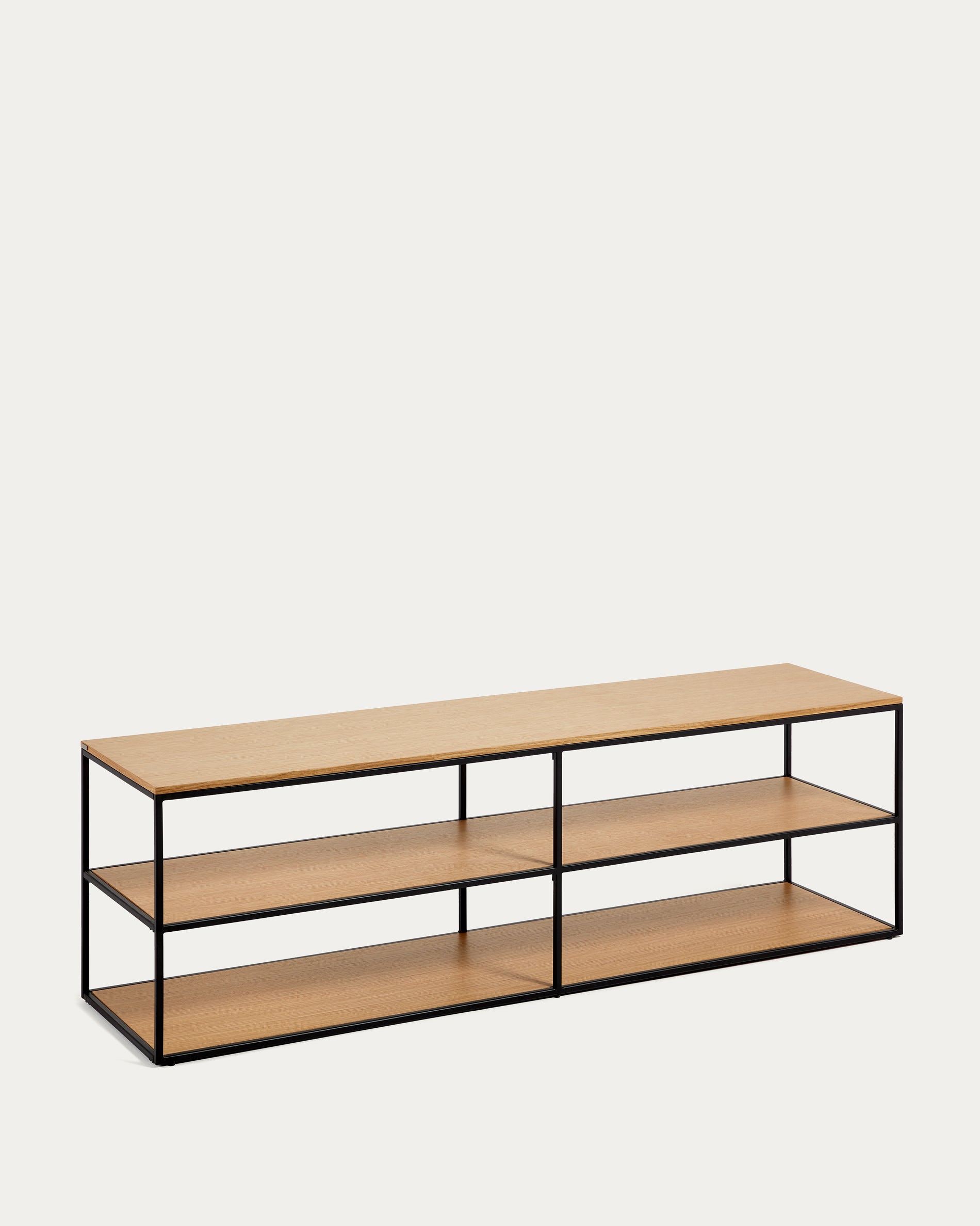Yoana TV stand with an oak wood veneer and painted black metal structure, 160 x 40 cm - Product View