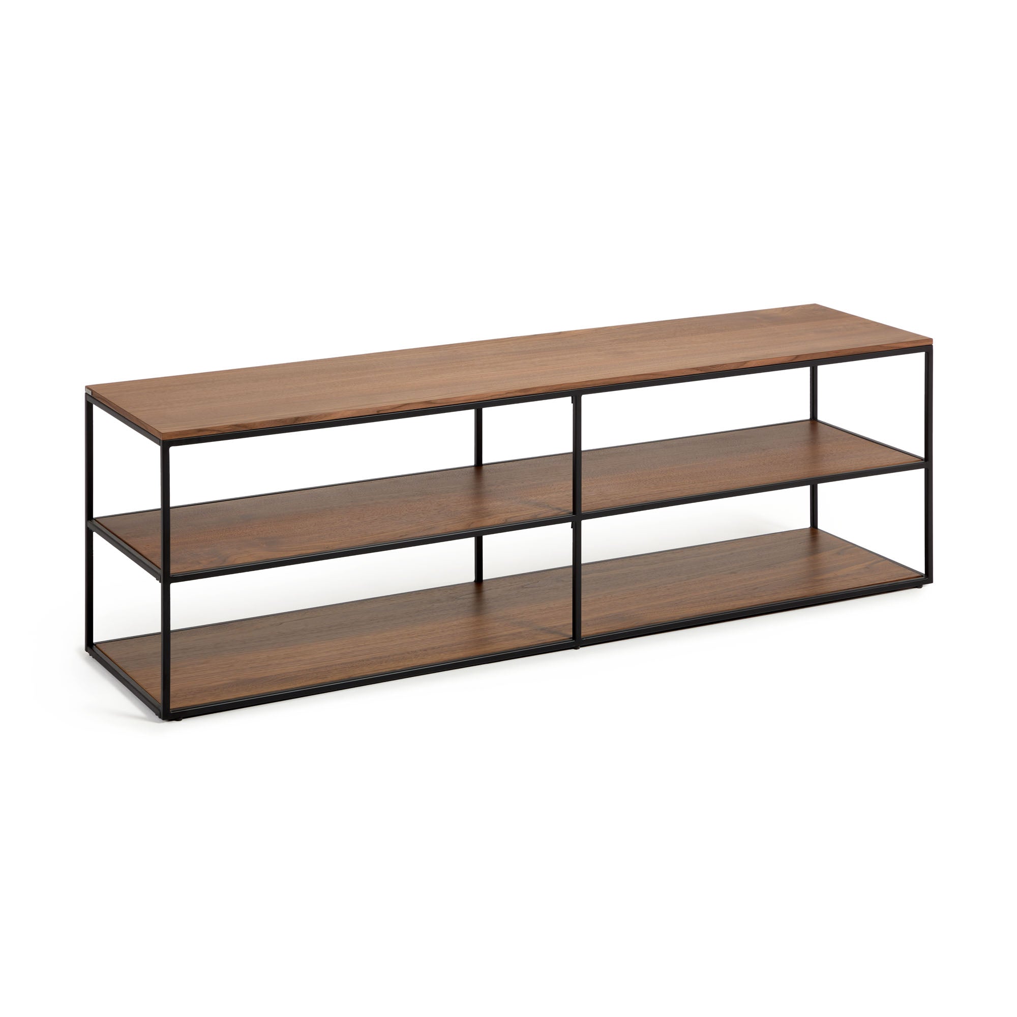 Yoana TV stand with a walnut veneer and painted black metal structure, 160 x 40 cm - Product Image