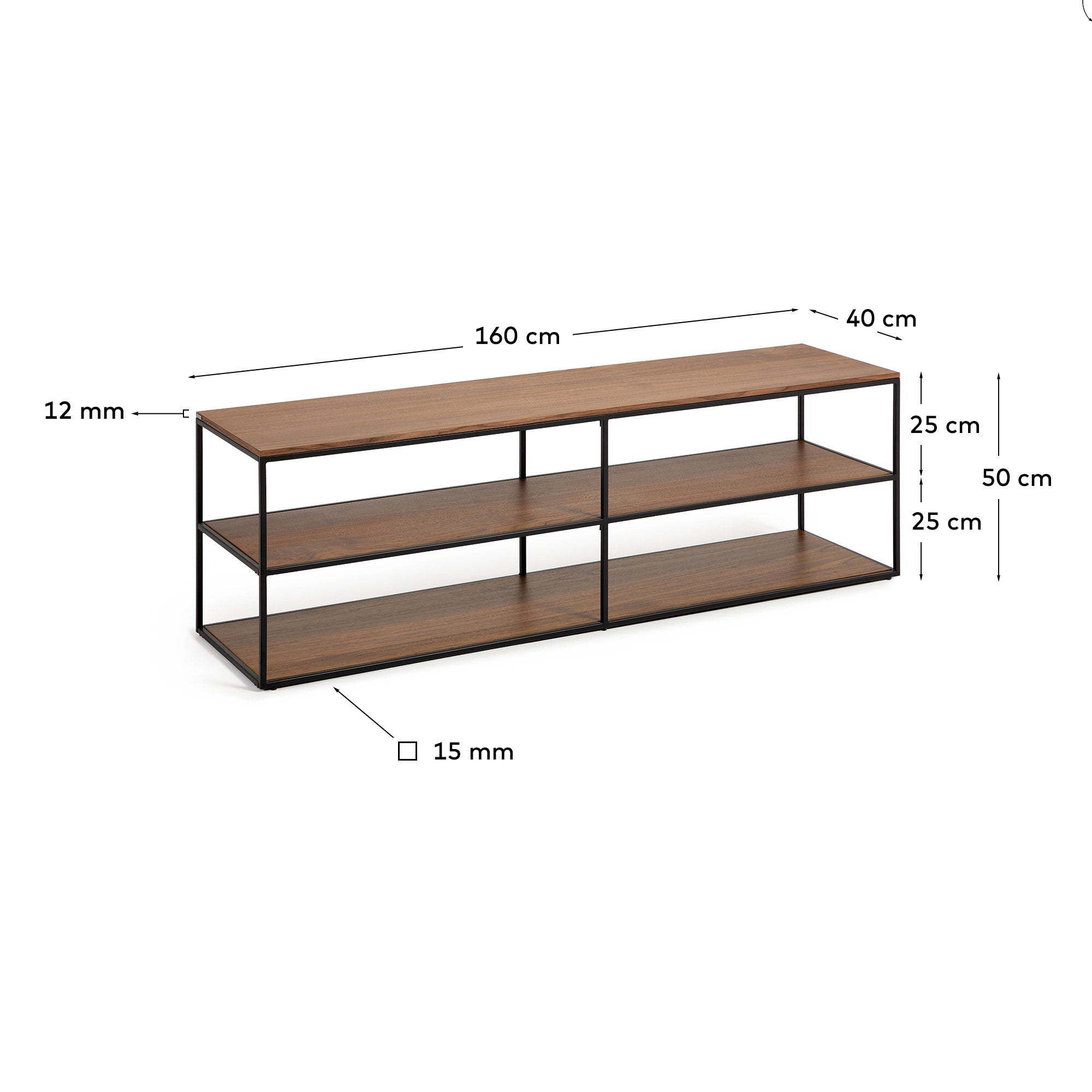 Yoana TV stand with a walnut veneer and painted black metal structure, 160 x 40 cm - Measurements