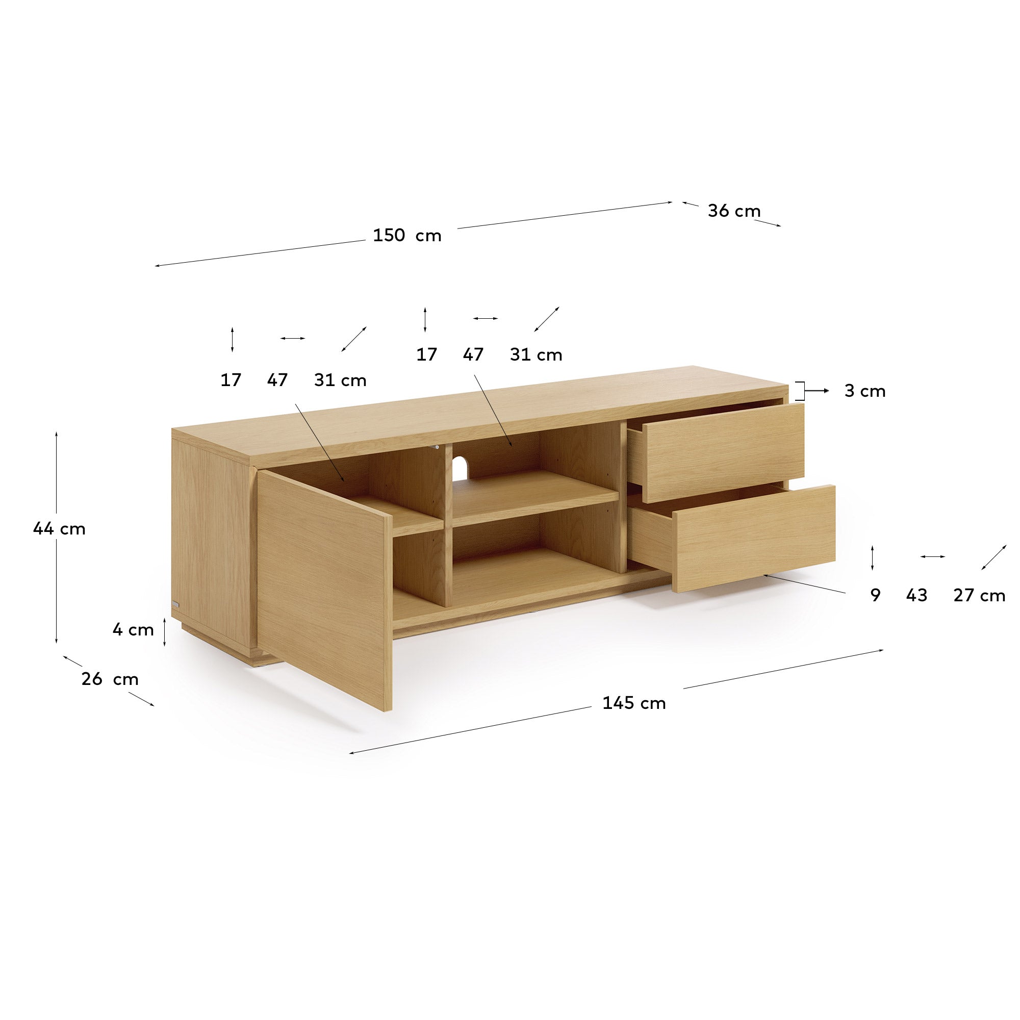 Abilen oak wood veneer single door TV stand with 2 drawers, 150 x 44 cm FSC 100% - Measurements