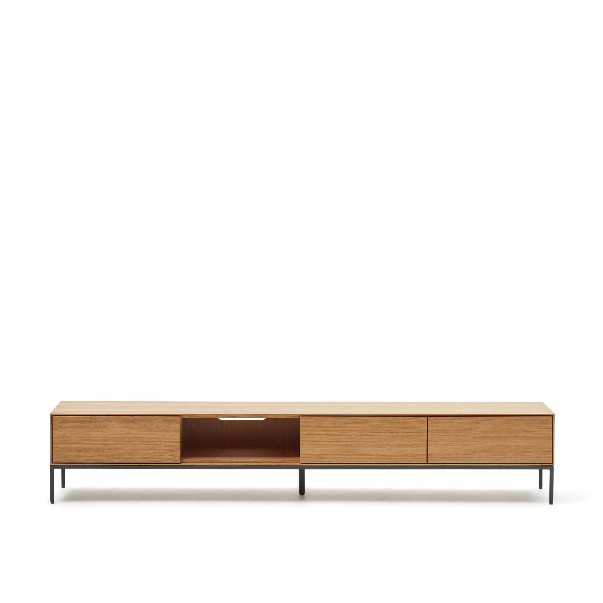 Vedrana 3 drawer TV stand in oak veneer with black steel legs, 195 x 35 cm - Product Image
