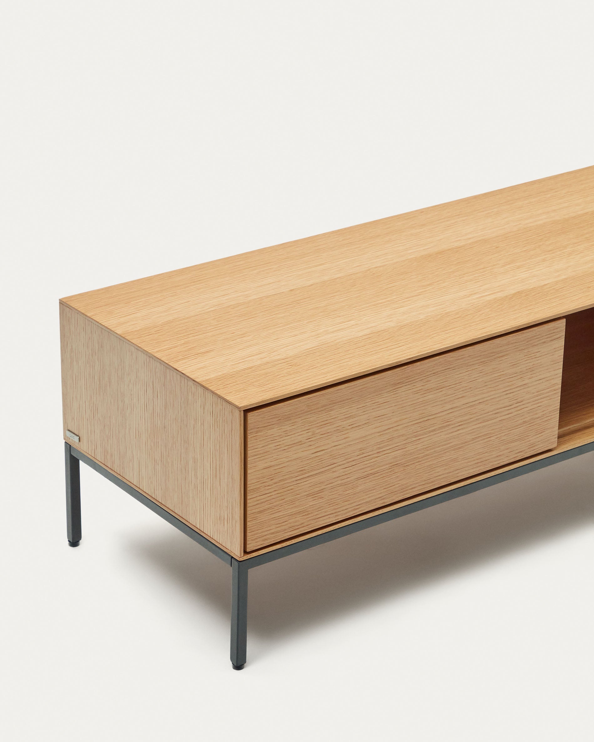Vedrana 3 drawer TV stand in oak veneer with black steel legs, 195 x 35 cm - Detail