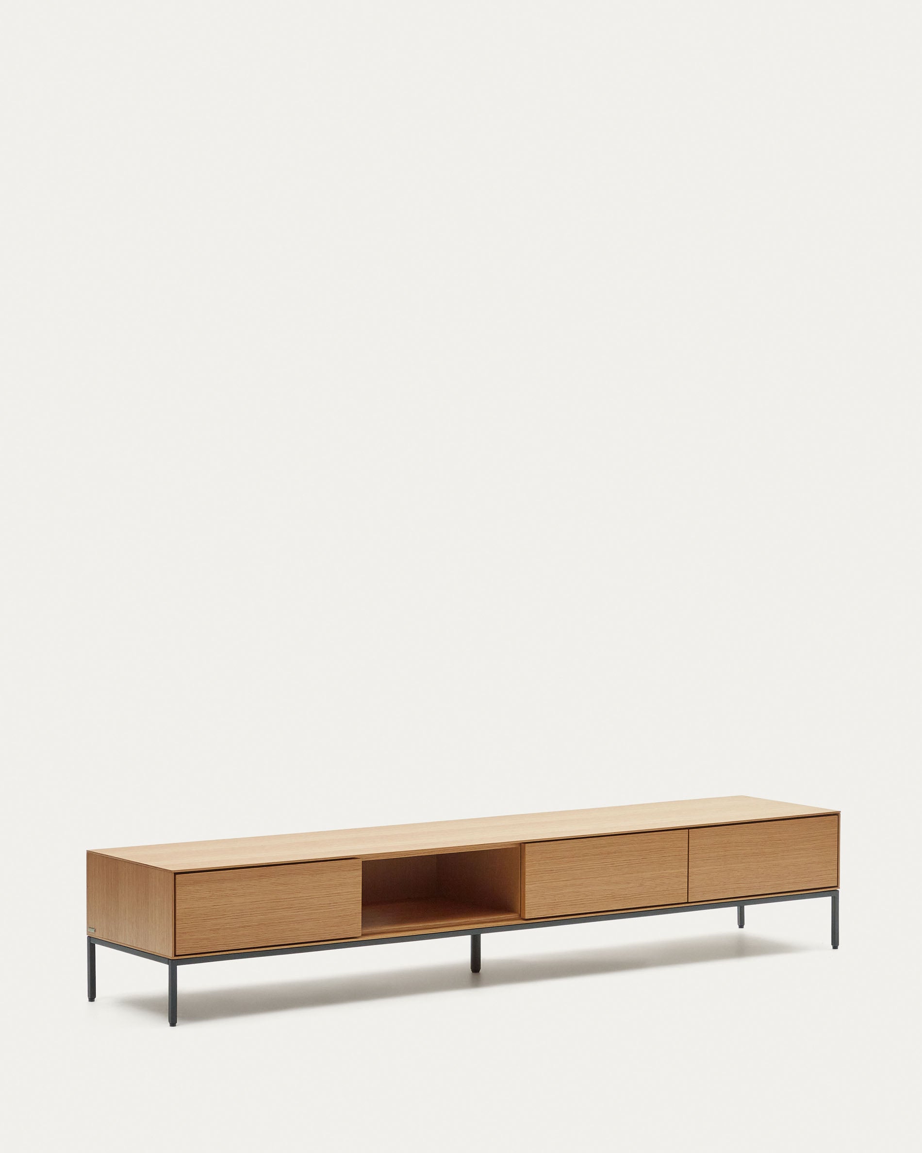 Vedrana 3 drawer TV stand in oak veneer with black steel legs, 195 x 35 cm - Product View