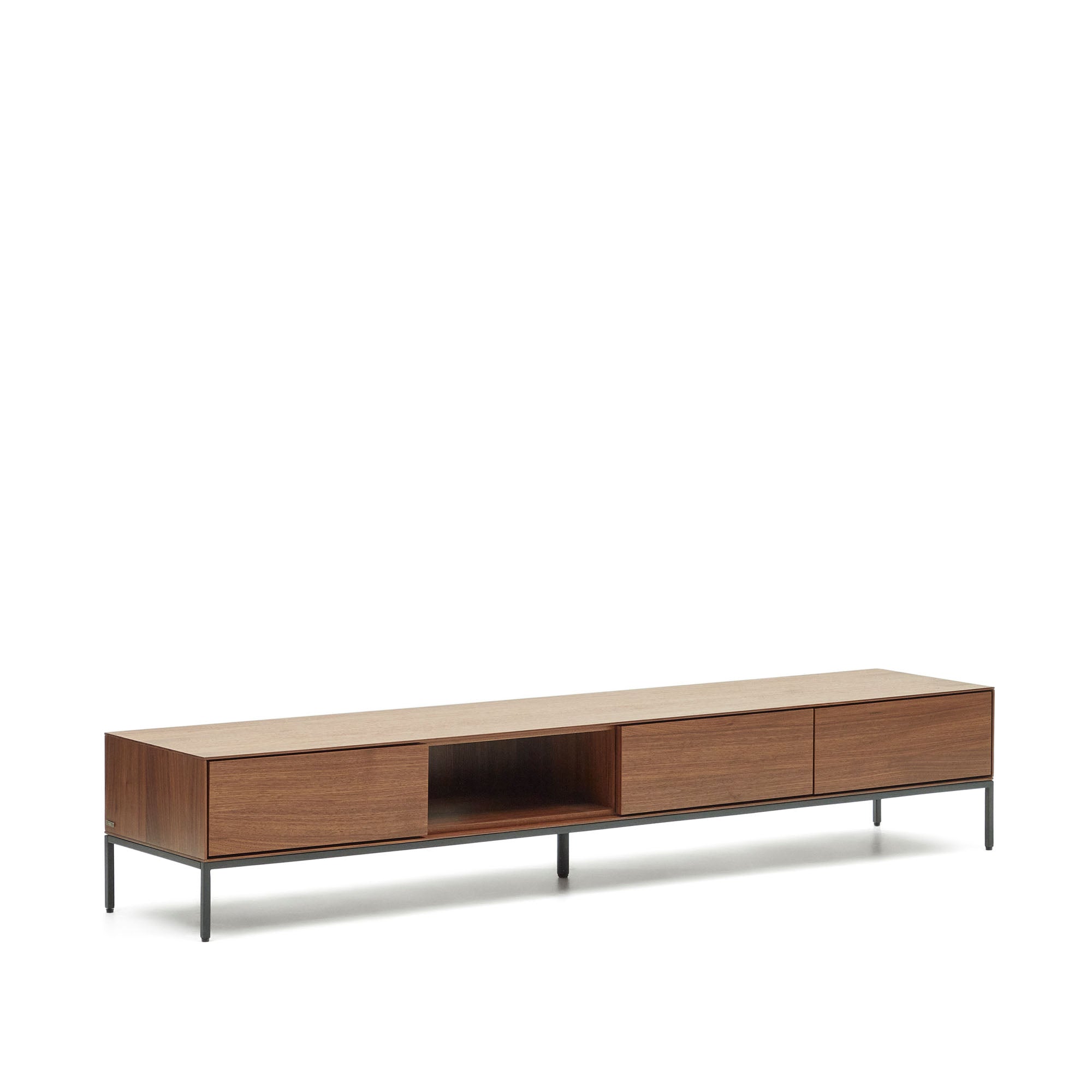 Vedrana 3 drawer TV stand in walnut veneer with black steel legs, 195 x 35 cm - Product Image