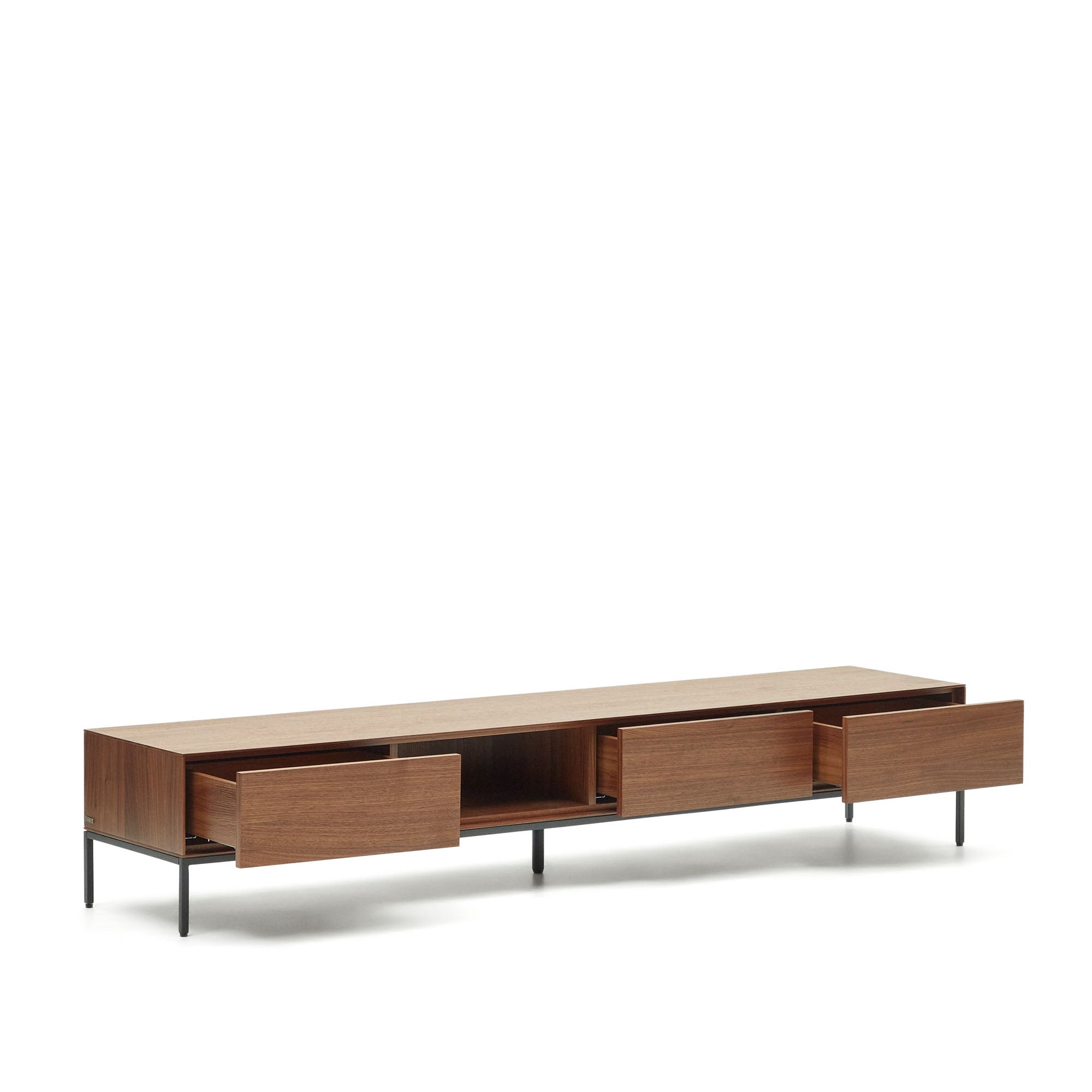 Vedrana 3 drawer TV stand in walnut veneer with black steel legs, 195 x 35 cm - Product Image