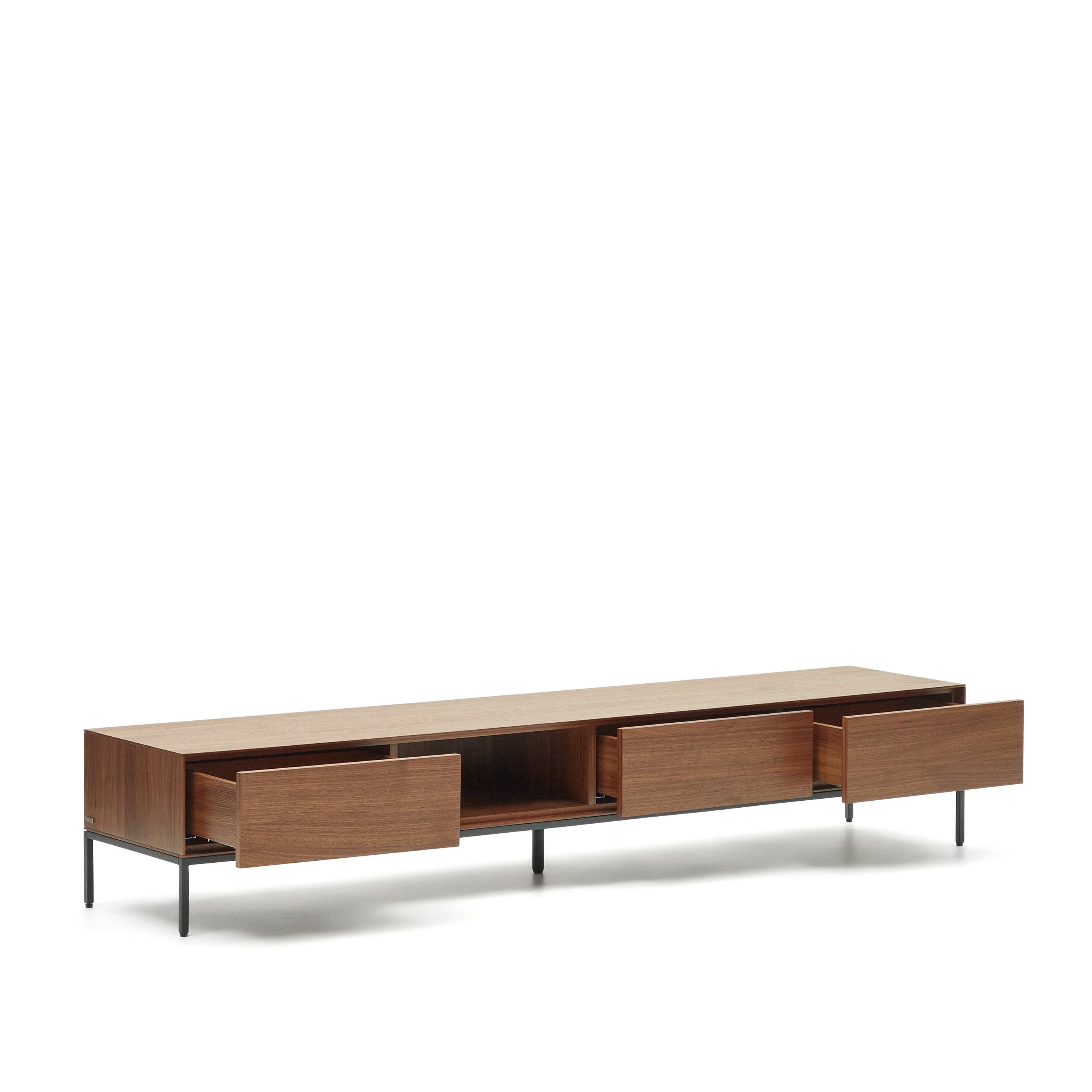 Vedrana 3 drawer TV stand in walnut veneer with black steel legs, 195 x 35 cm - Product Image