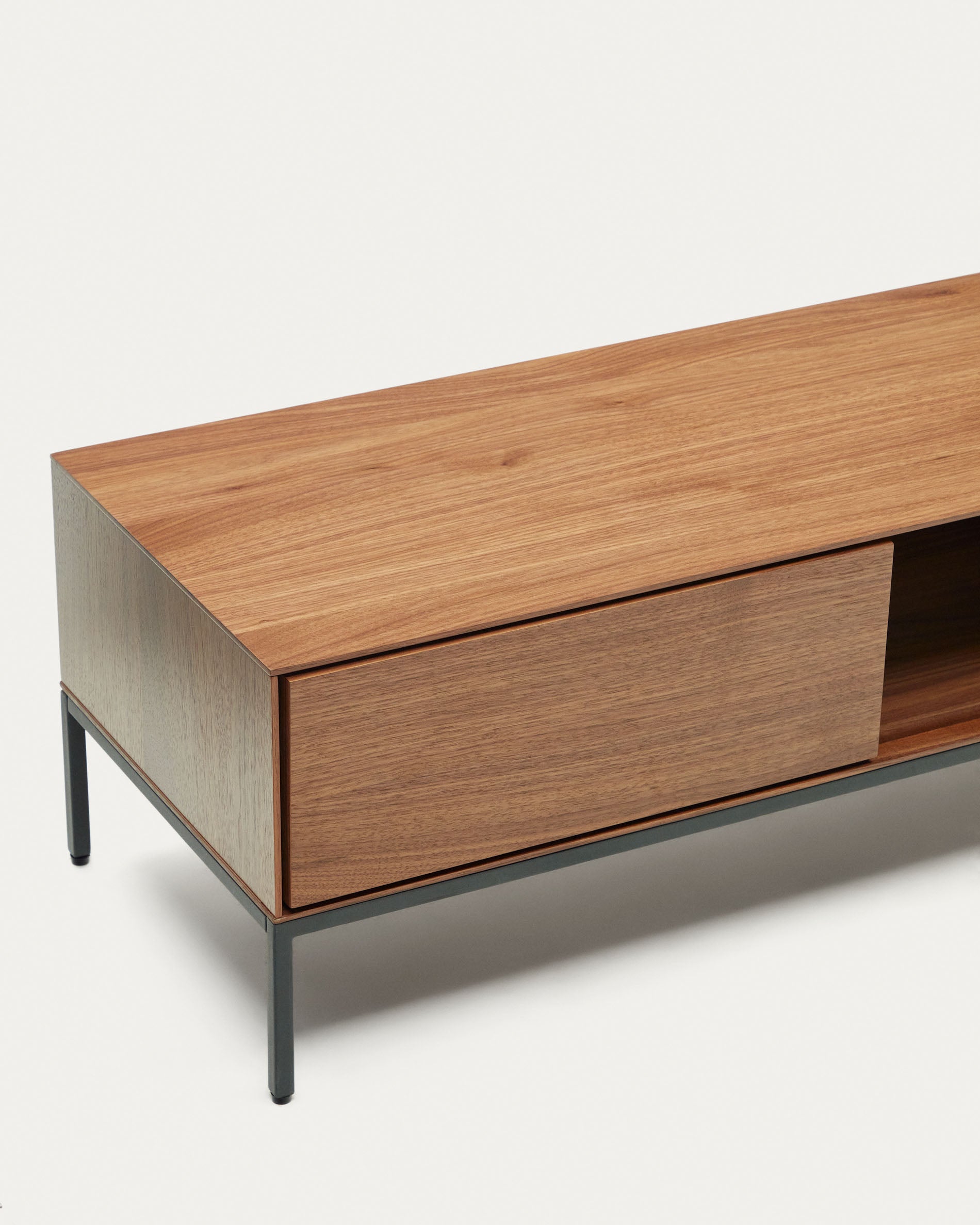 Vedrana 3 drawer TV stand in walnut veneer with black steel legs, 195 x 35 cm - Detail