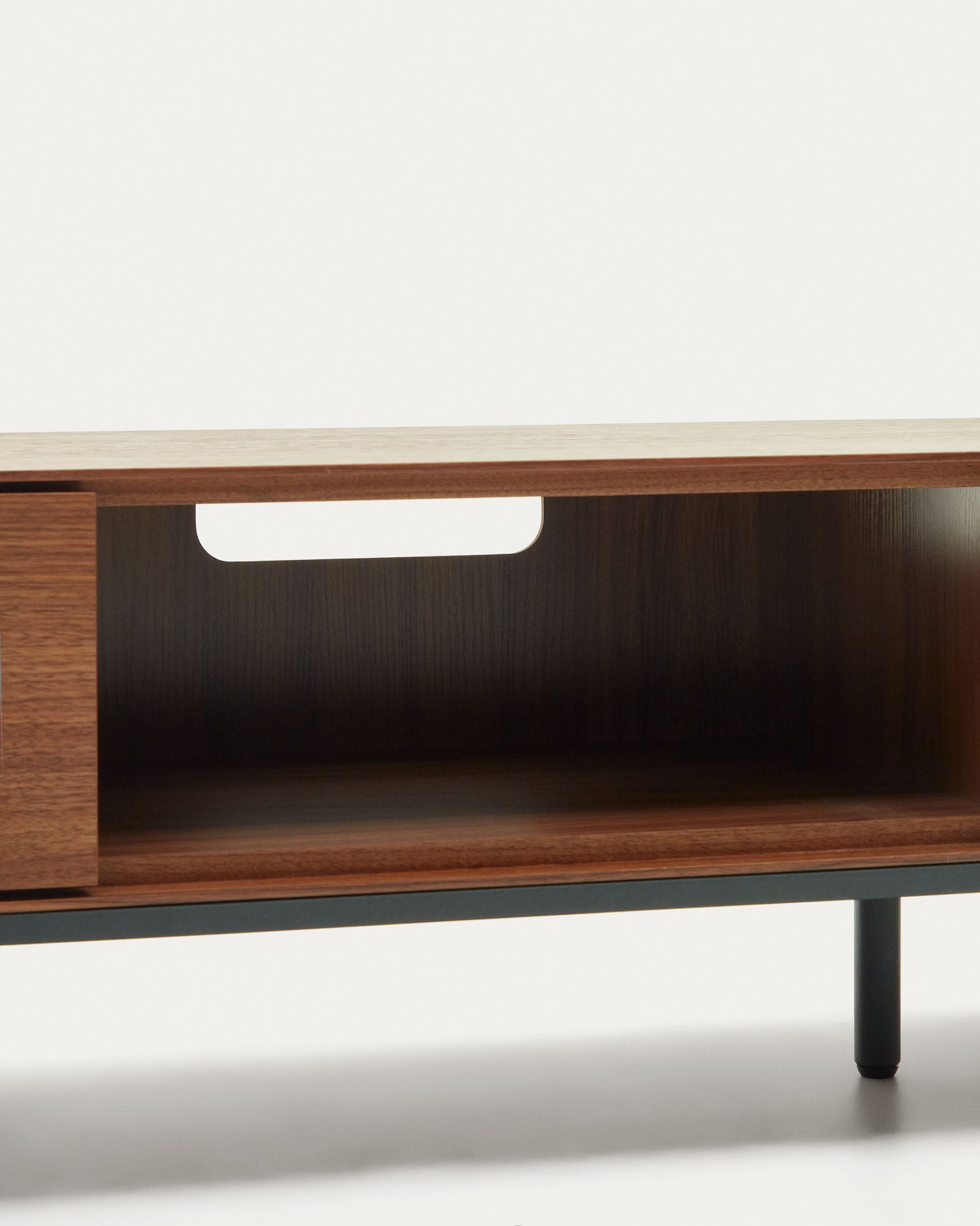 Vedrana 3 drawer TV stand in walnut veneer with black steel legs, 195 x 35 cm - Detail