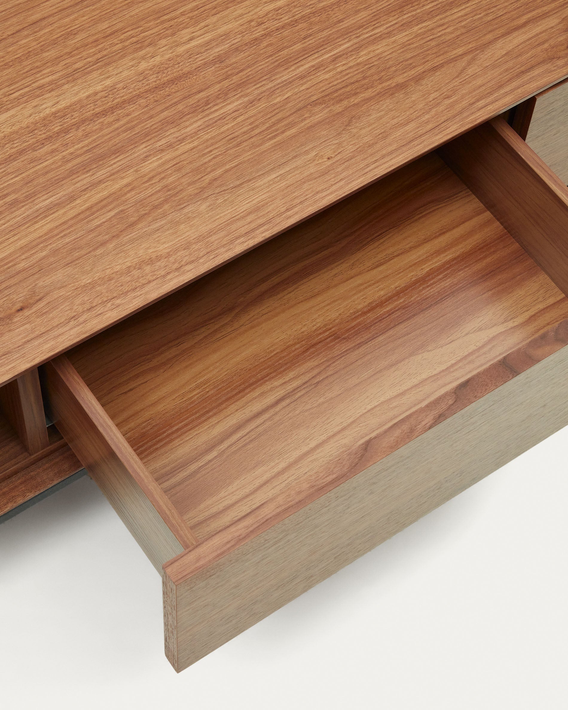 Vedrana 3 drawer TV stand in walnut veneer with black steel legs, 195 x 35 cm - Detail