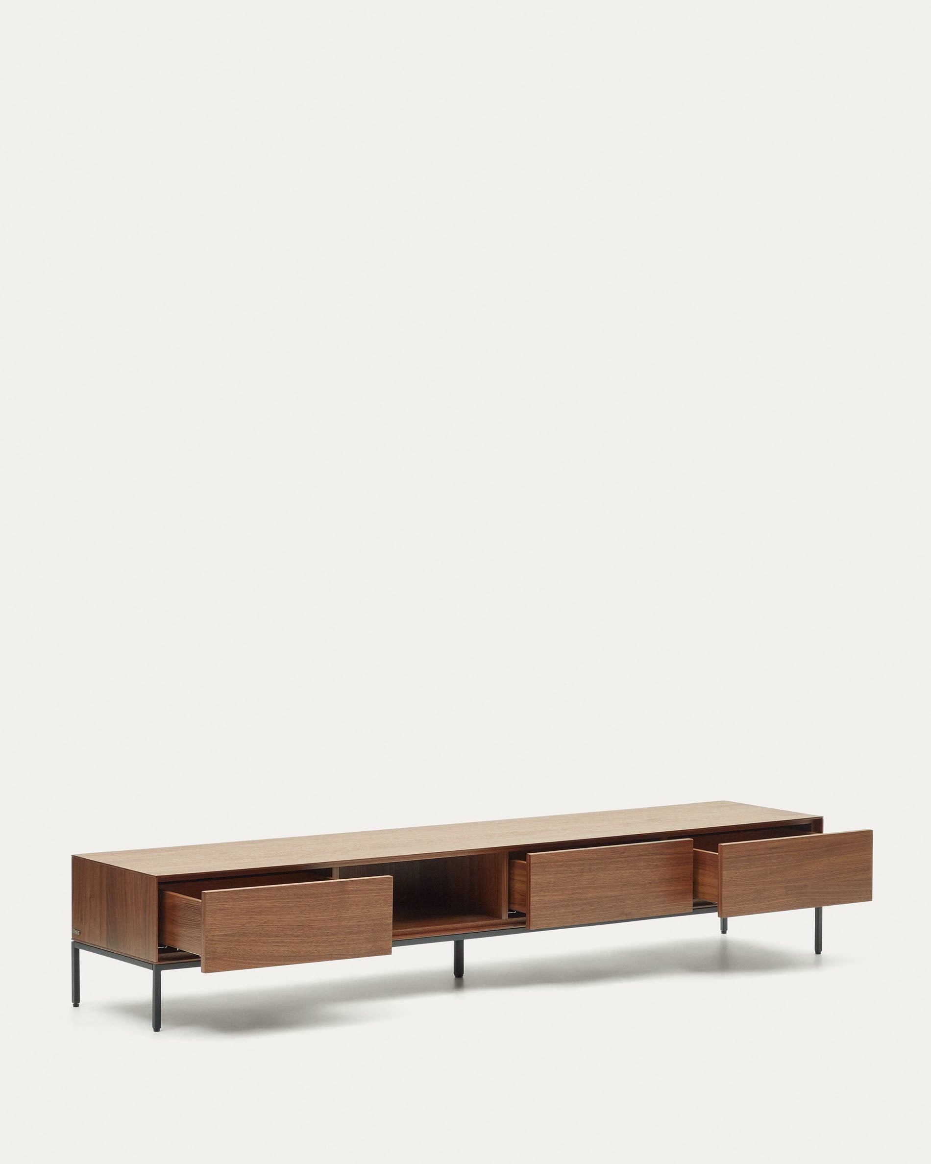 Vedrana 3 drawer TV stand in walnut veneer with black steel legs, 195 x 35 cm - Product View