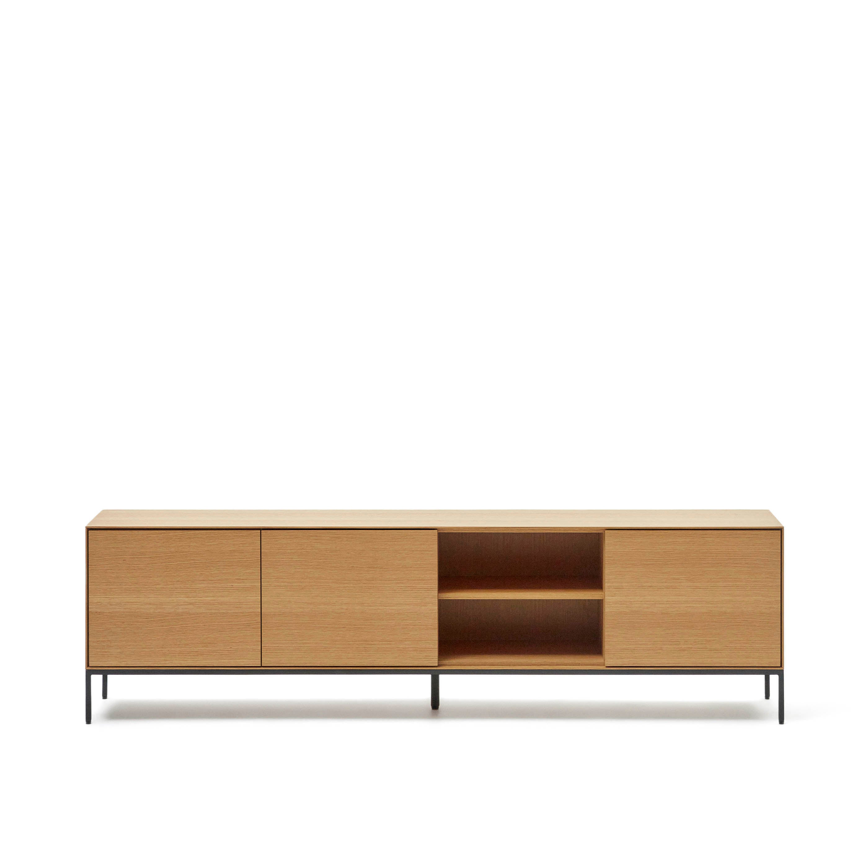 Vedrana 3-door TV stand in oak veneer with black steel legs, 195 x 55 cm - Product Image