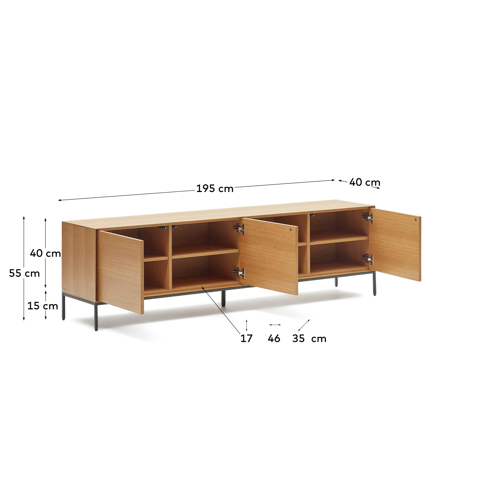 Vedrana 3-door TV stand in oak veneer with black steel legs, 195 x 55 cm - Measurements