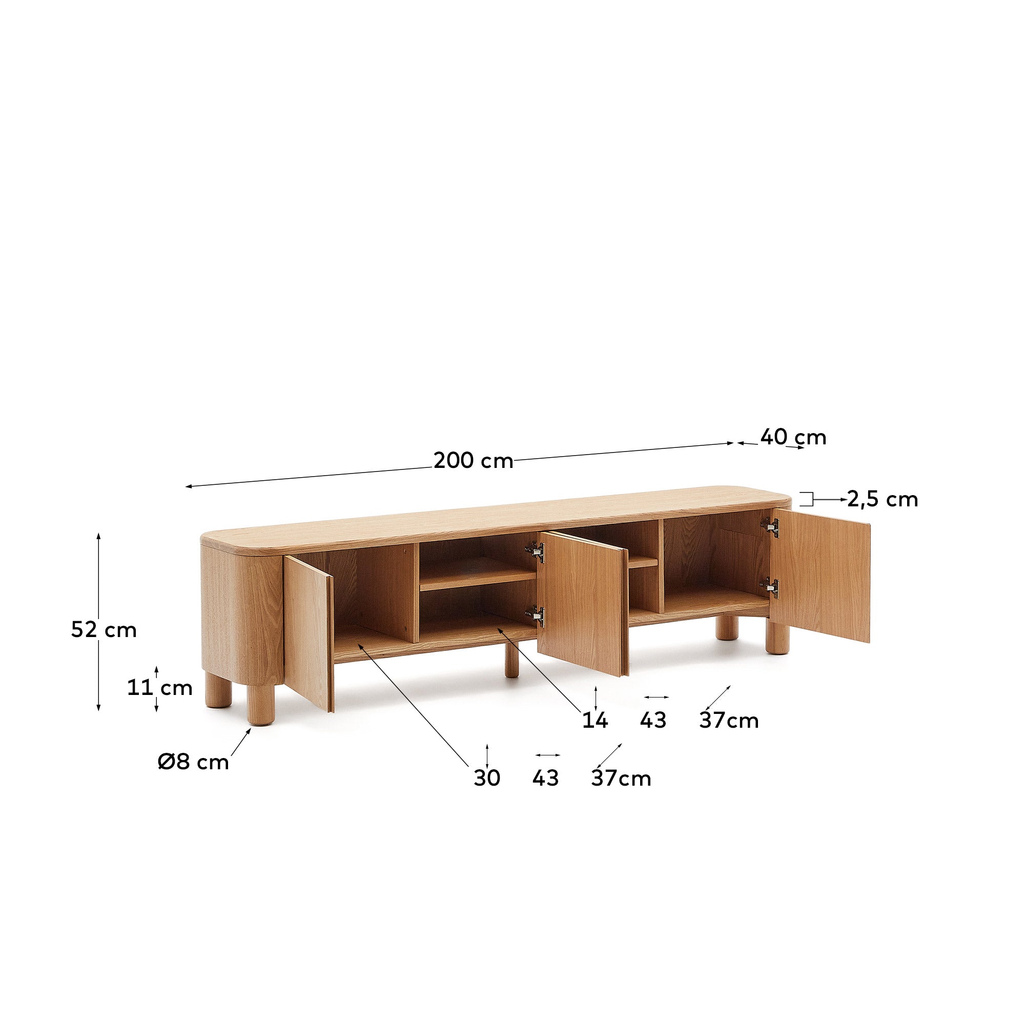 Salaya TV stand in ash plywood FSC Mix Credit, 200 cm x 52 cm - Measurements