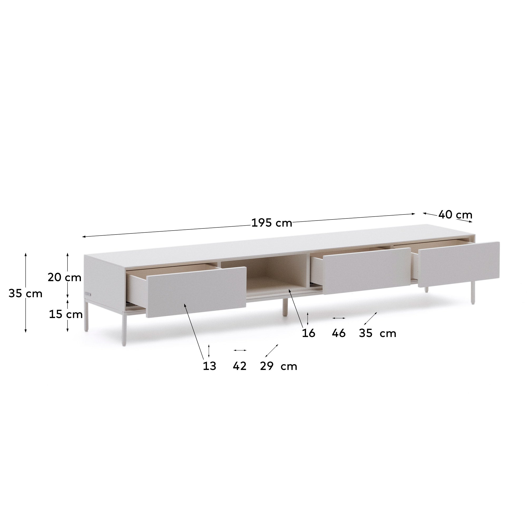 Vedrana TV 3-drawer cabinet white lacquered MDF 195 x 35 cm - Measurements
