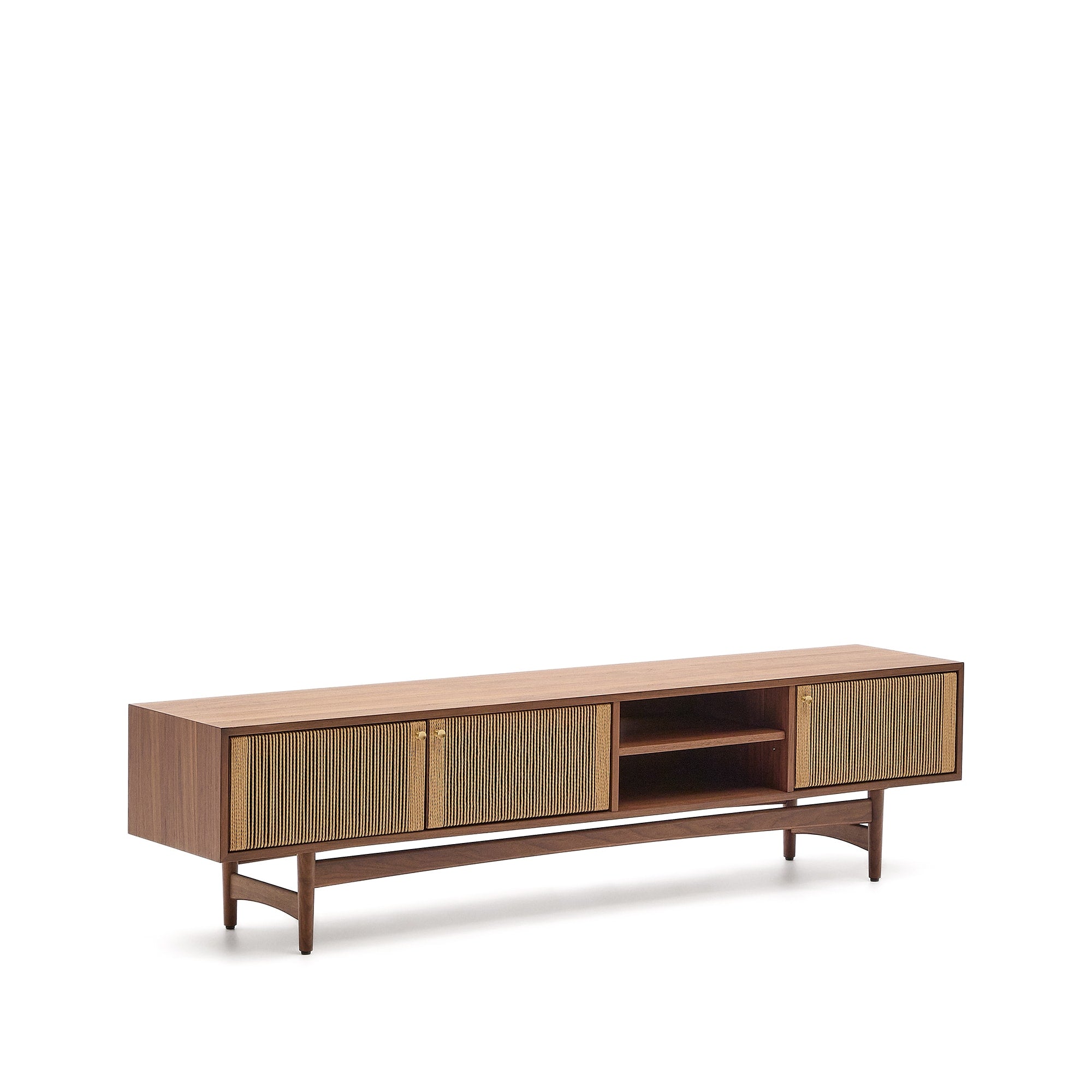 Elan TV cabinet 3 doors veneer and solid walnut wood and cord 200 x 50 cm FSC Mix Credit