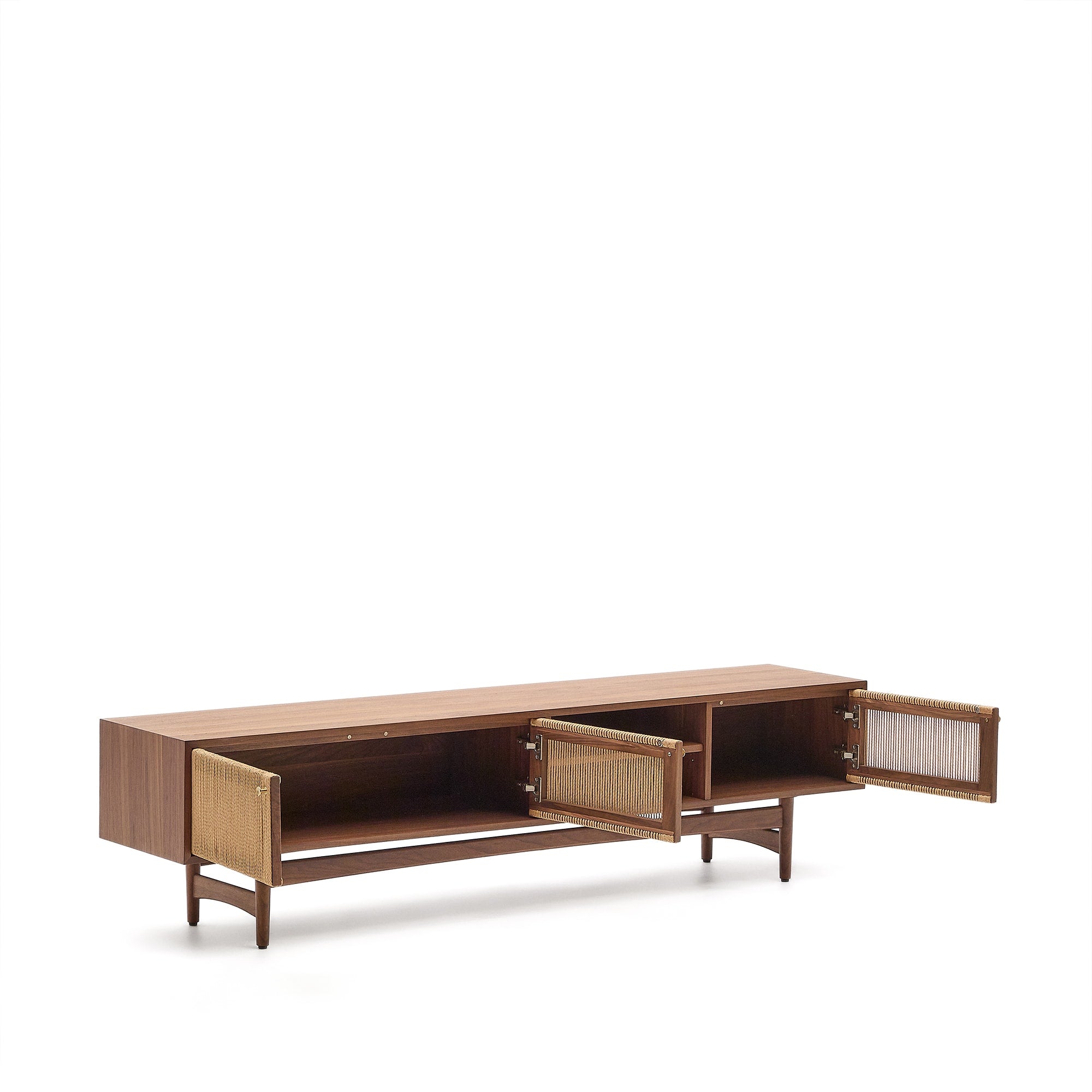 Elan TV cabinet 3 doors veneer and solid walnut wood and cord 200 x 50 cm FSC Mix Credit