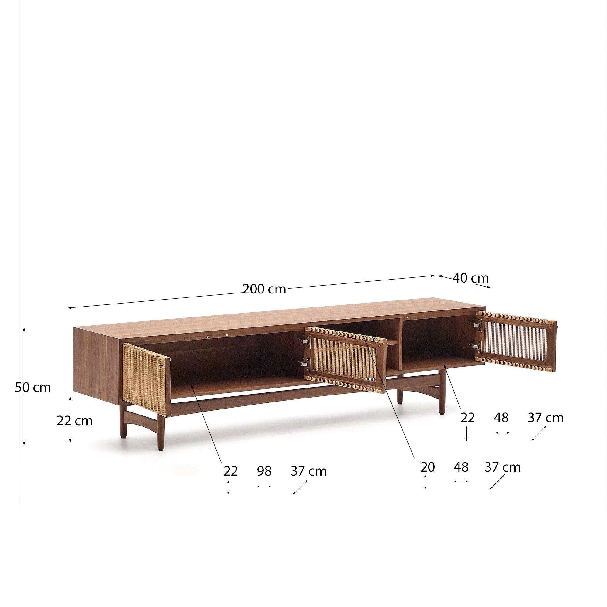 Elan TV cabinet 3 doors veneer and solid walnut and cord 200 x 50 cm FSC Mix Credit - Measurements