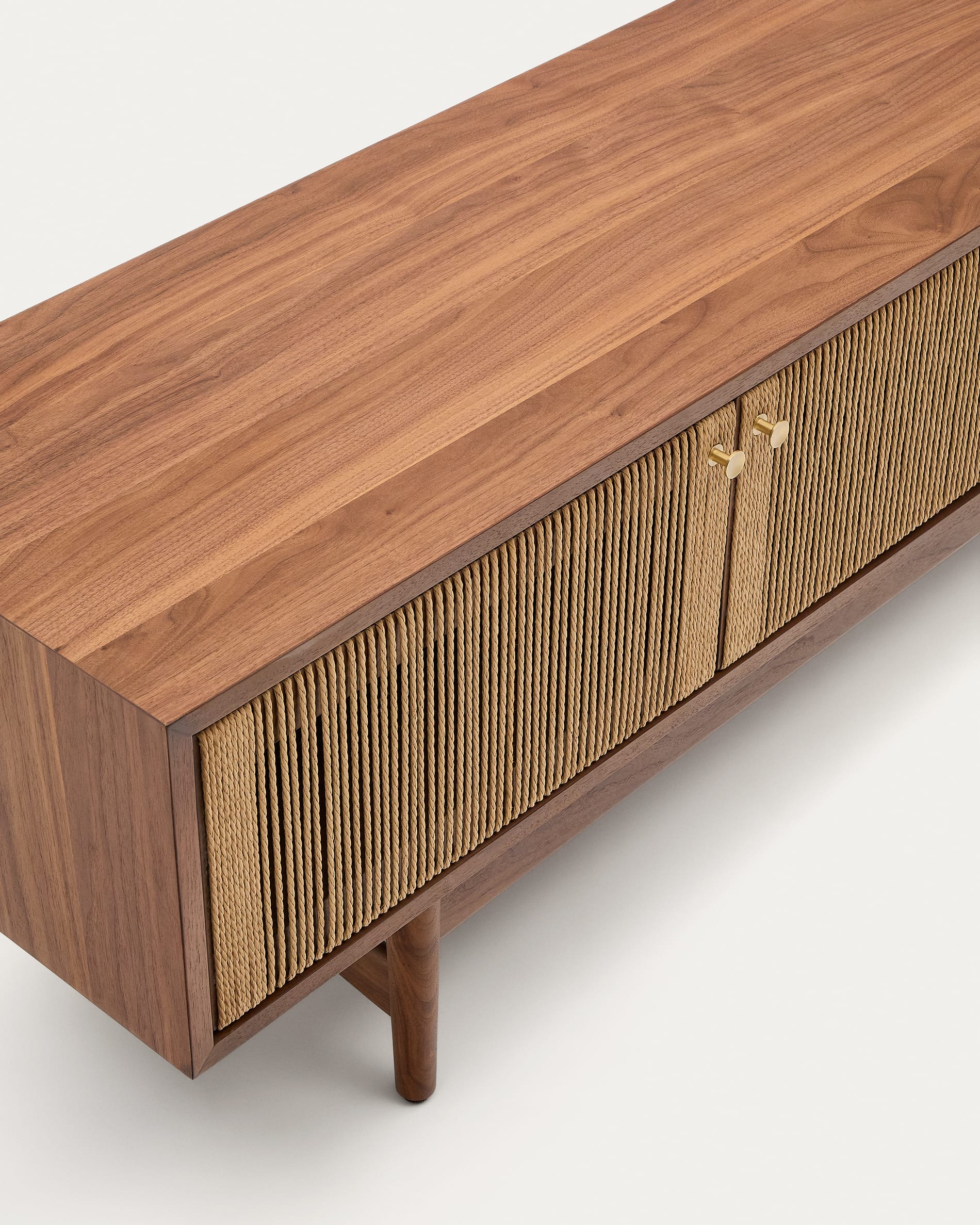 Elan TV cabinet 3 doors veneer and solid walnut wood and cord 200 x 50 cm FSC Mix Credit