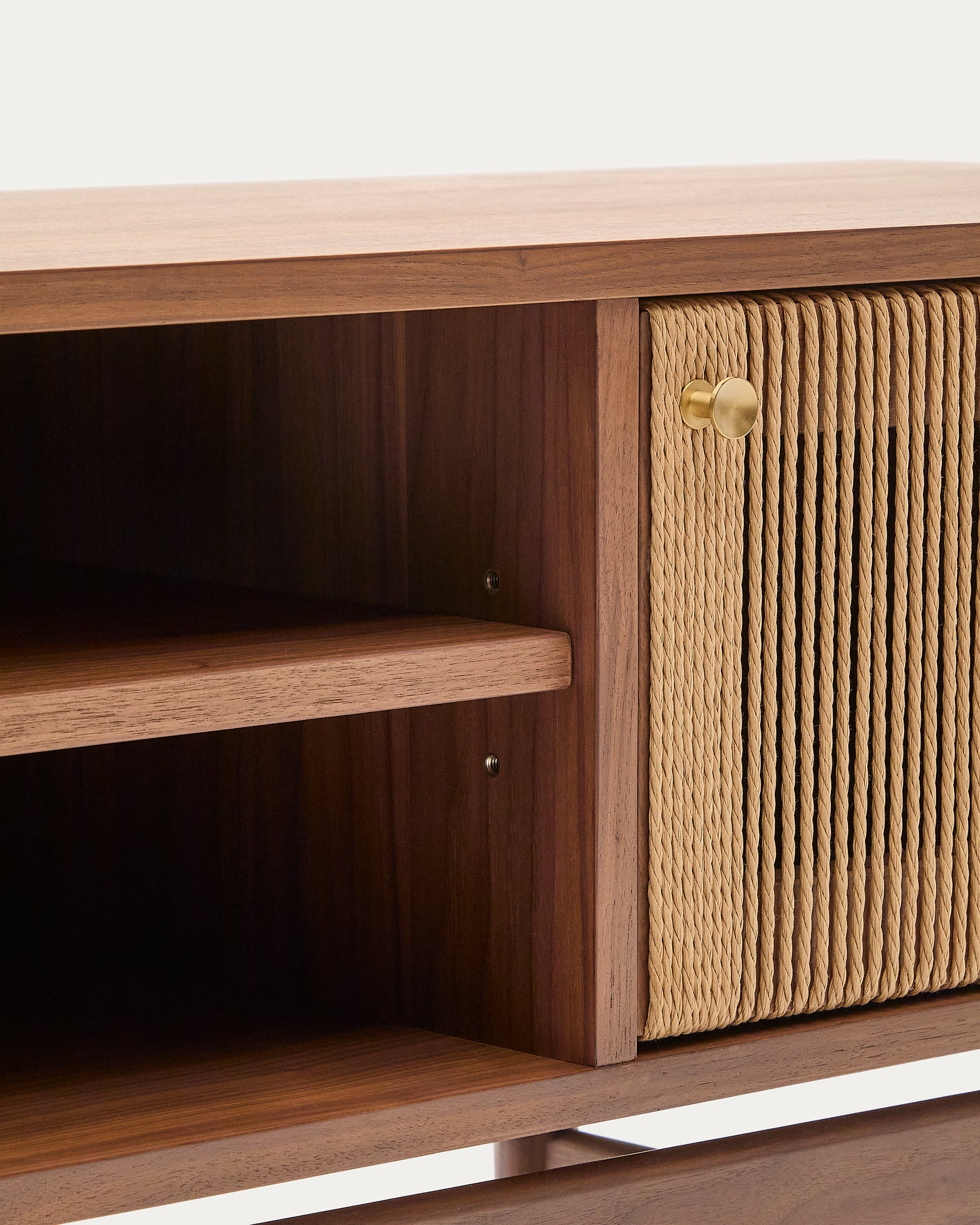 Elan TV cabinet 3 doors veneer and solid walnut and cord 200 x 50 cm FSC Mix Credit - Detail
