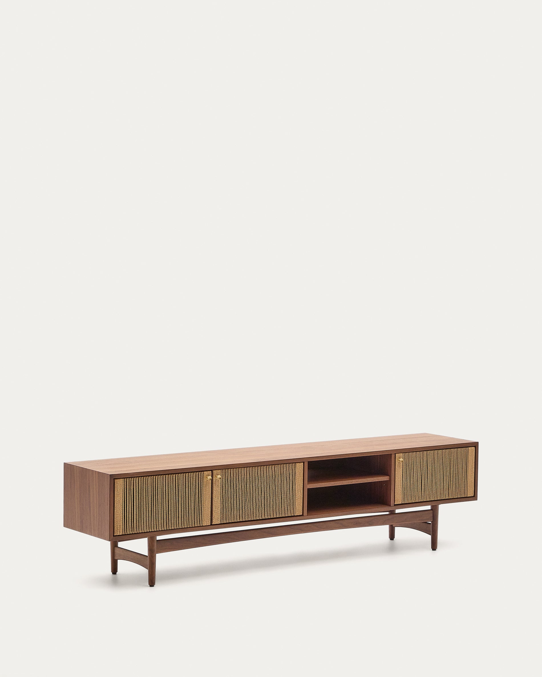 Elan TV cabinet 3 doors veneer and solid walnut and cord 200 x 50 cm FSC Mix Credit - Product View