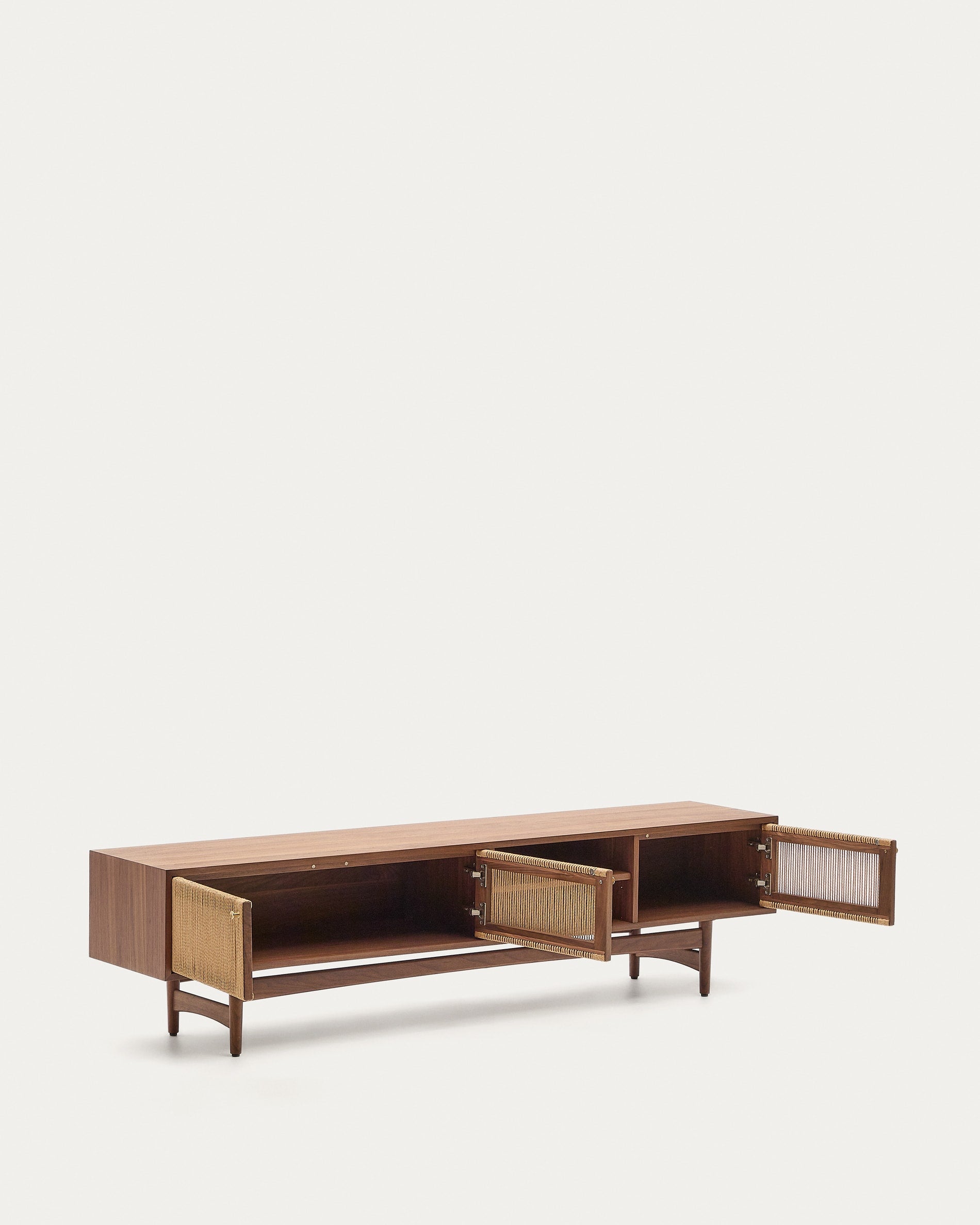 Elan TV cabinet 3 doors veneer and solid walnut wood and cord 200 x 50 cm FSC Mix Credit