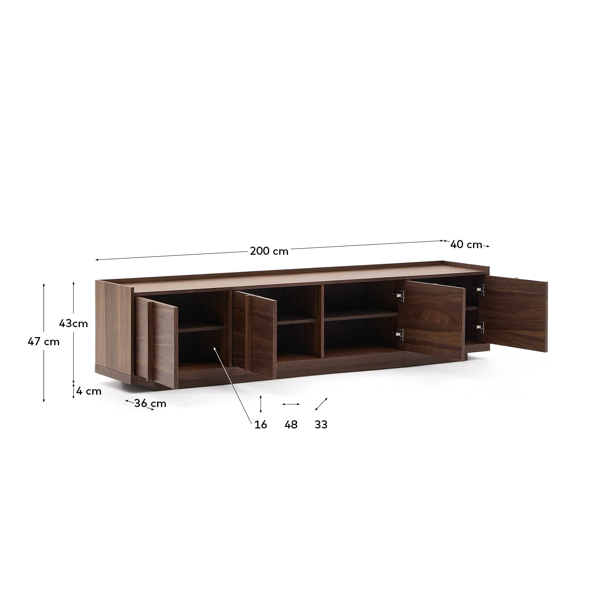 Onix TV stand with a walnut veneer in a dark finish, 200 x 45 cm FSC Mix Credit - Measurements