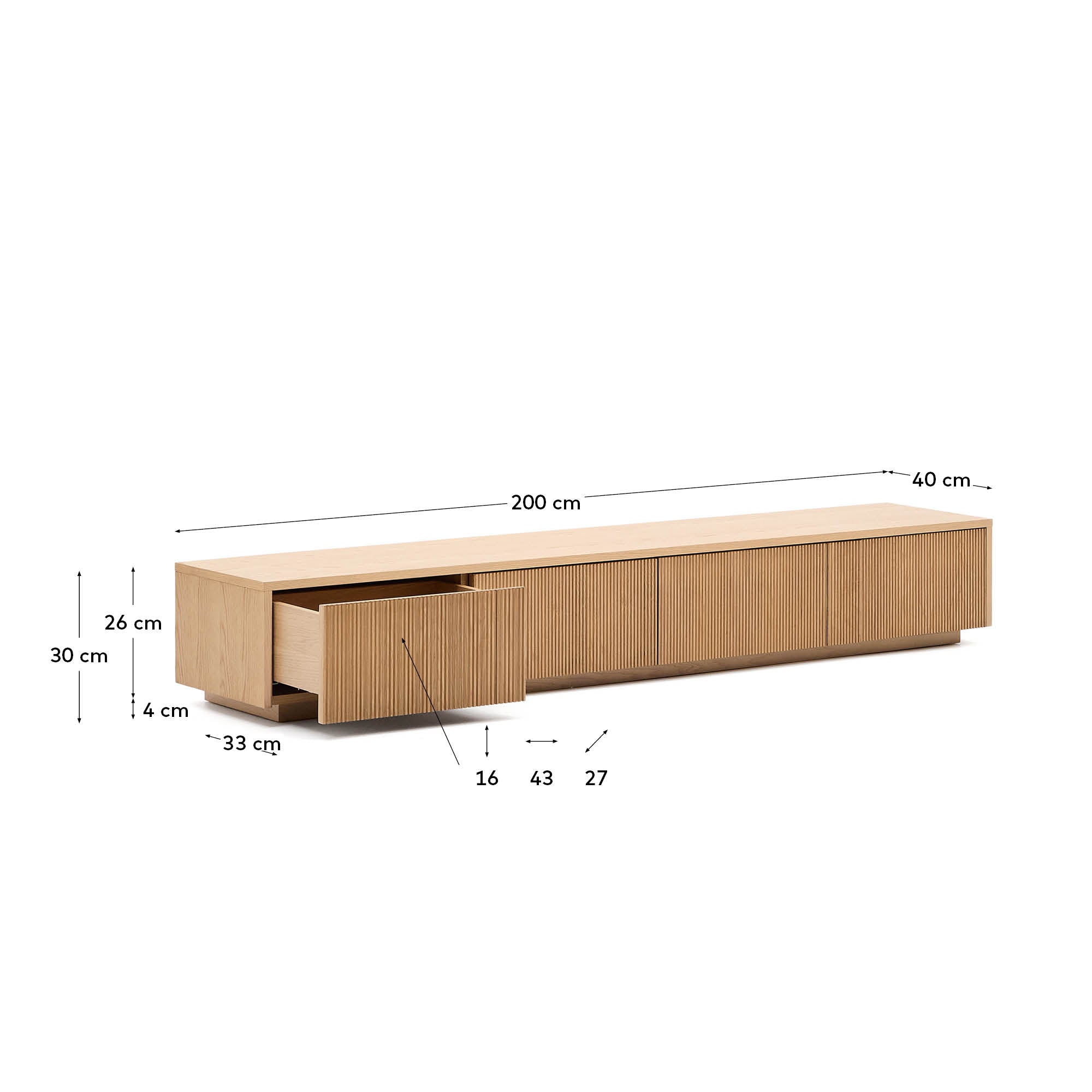 Helvine TV stand with 4 drawers in oak veneer, 200 x 30 cm FSC 100% - Measurements