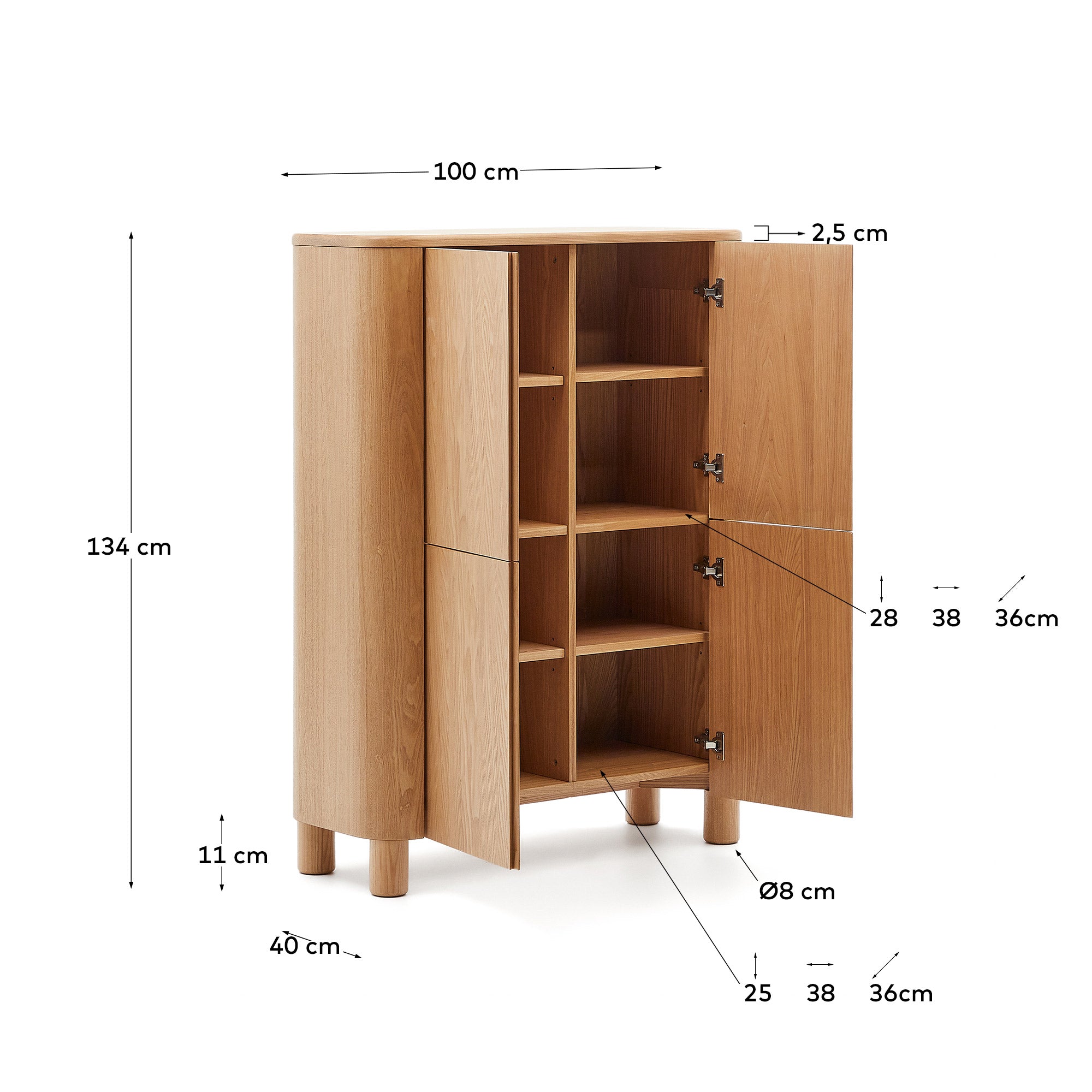 Salaya tall sideboard in  ash plywood FSC Mix Credit, 100 x 134 cm - Measurements
