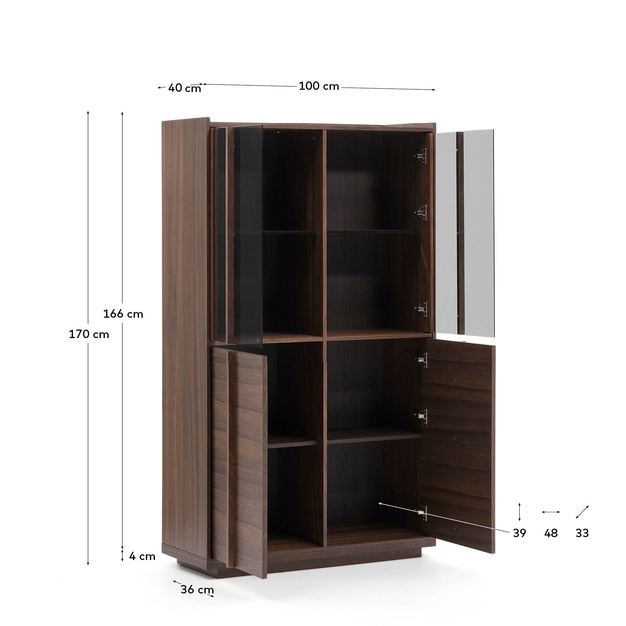 Onix display cabinet solid walnut and walnut veneer dark finish 101 x 170 cm FSC Mix Credit - Measurements