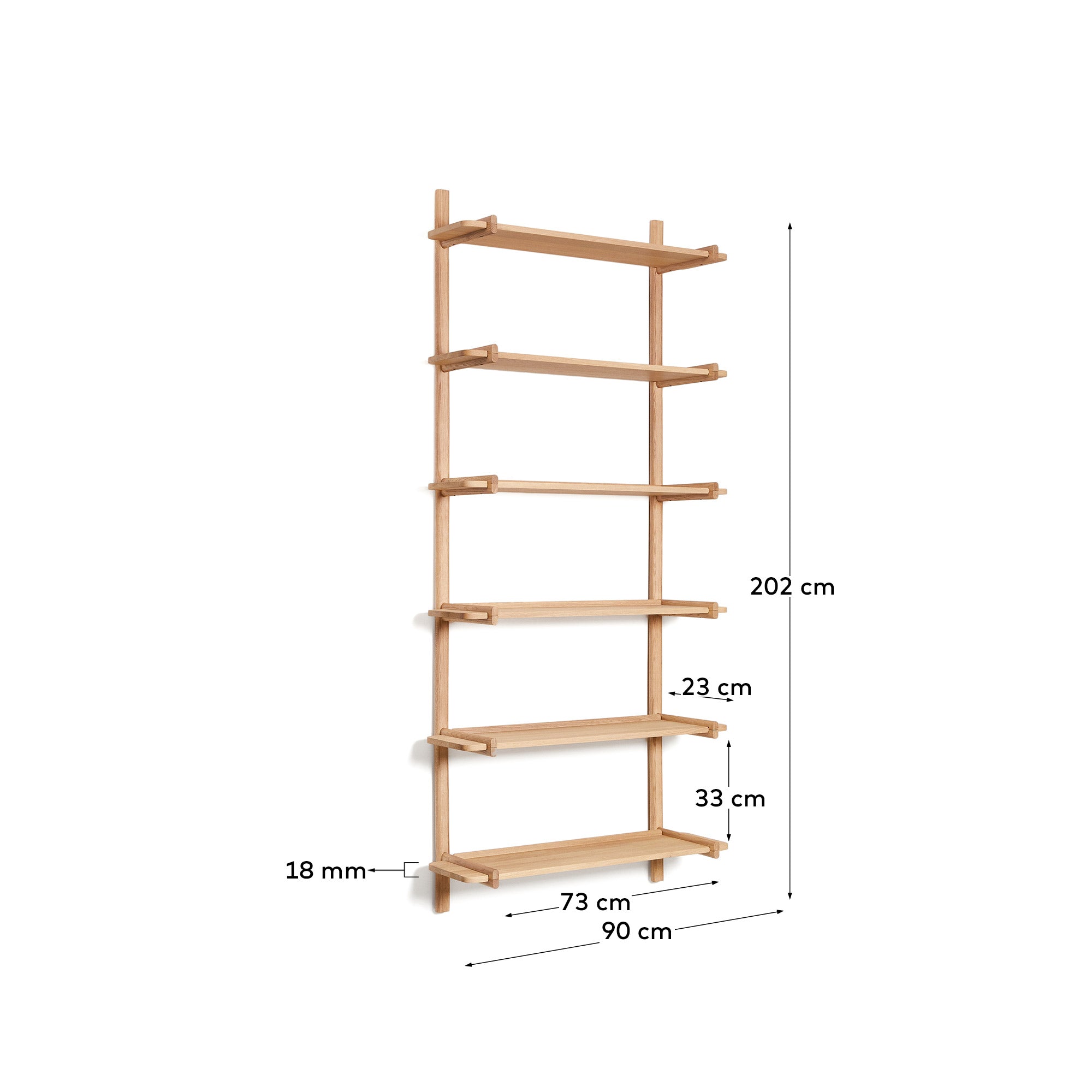 Sitra modular shelf, 6 solid oak wood shelves in a natural finish, 90 cm, FSC Mix Credit - Measurements