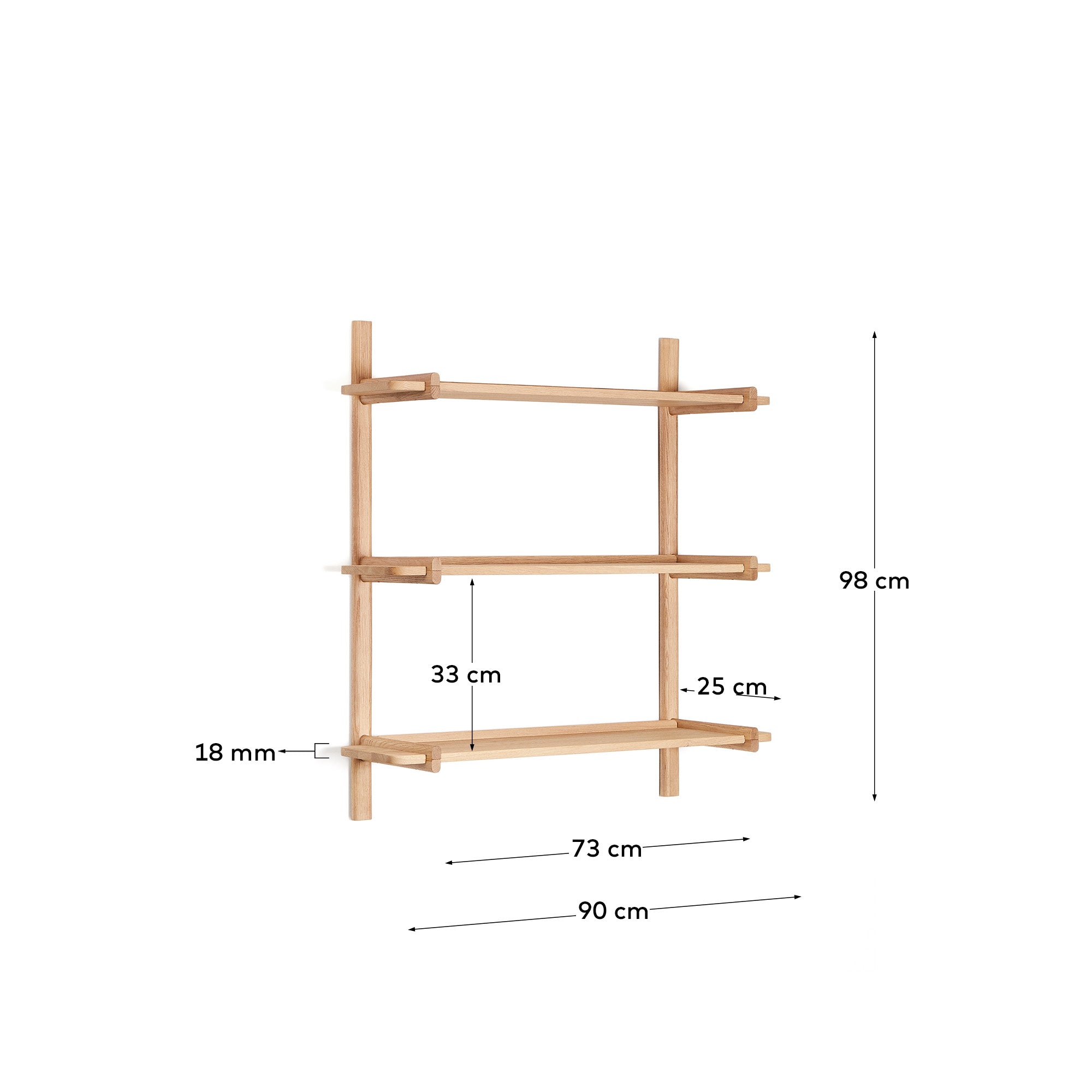 Sitra modular shelf, 3 solid oak wood shelves in a natural finish, 90 cm, FSC Mix Credit - Measurements