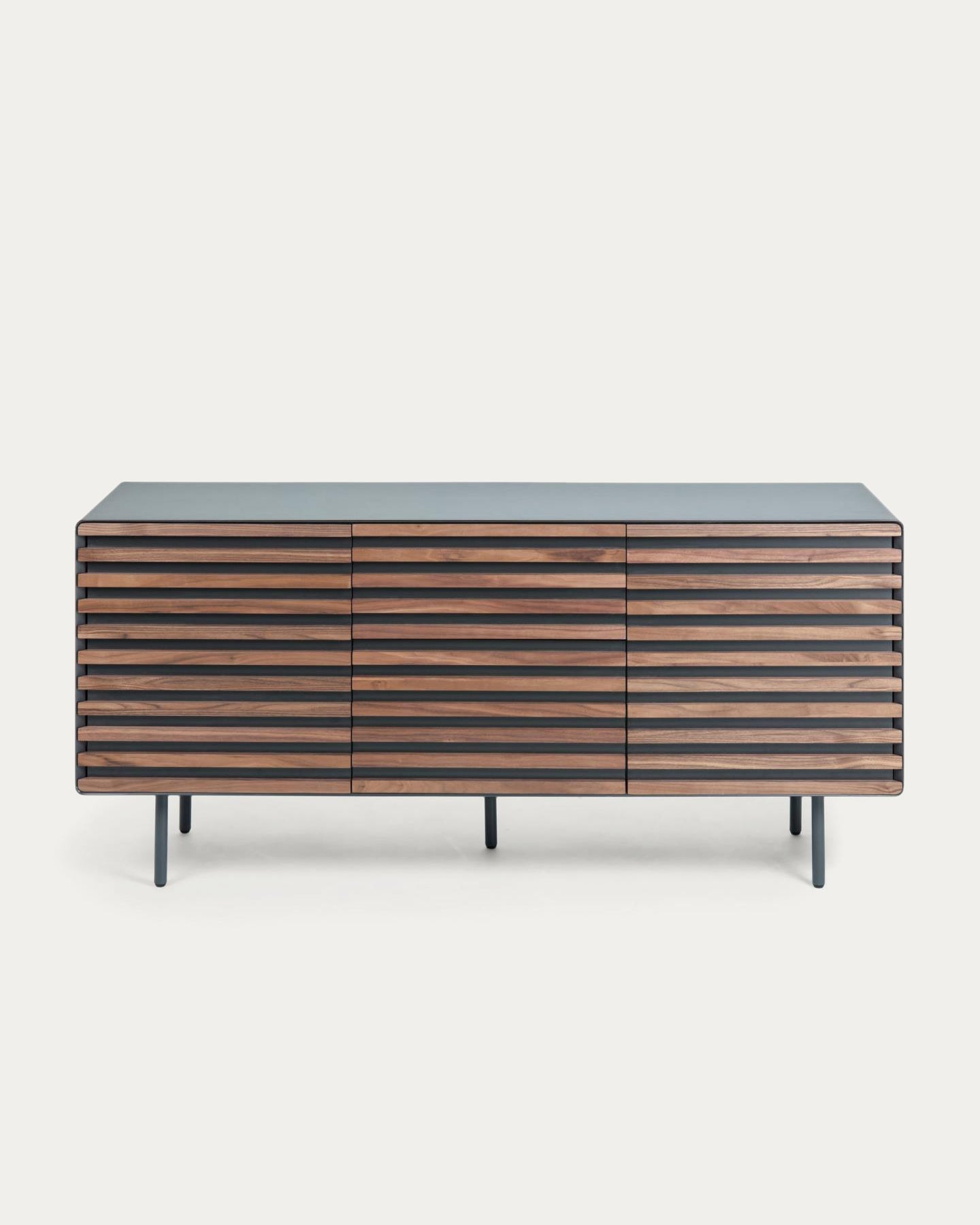 Kesia 2 door sideboard in walnut veneer with black lacquer & black steel, 162 x 74 cm - Product View