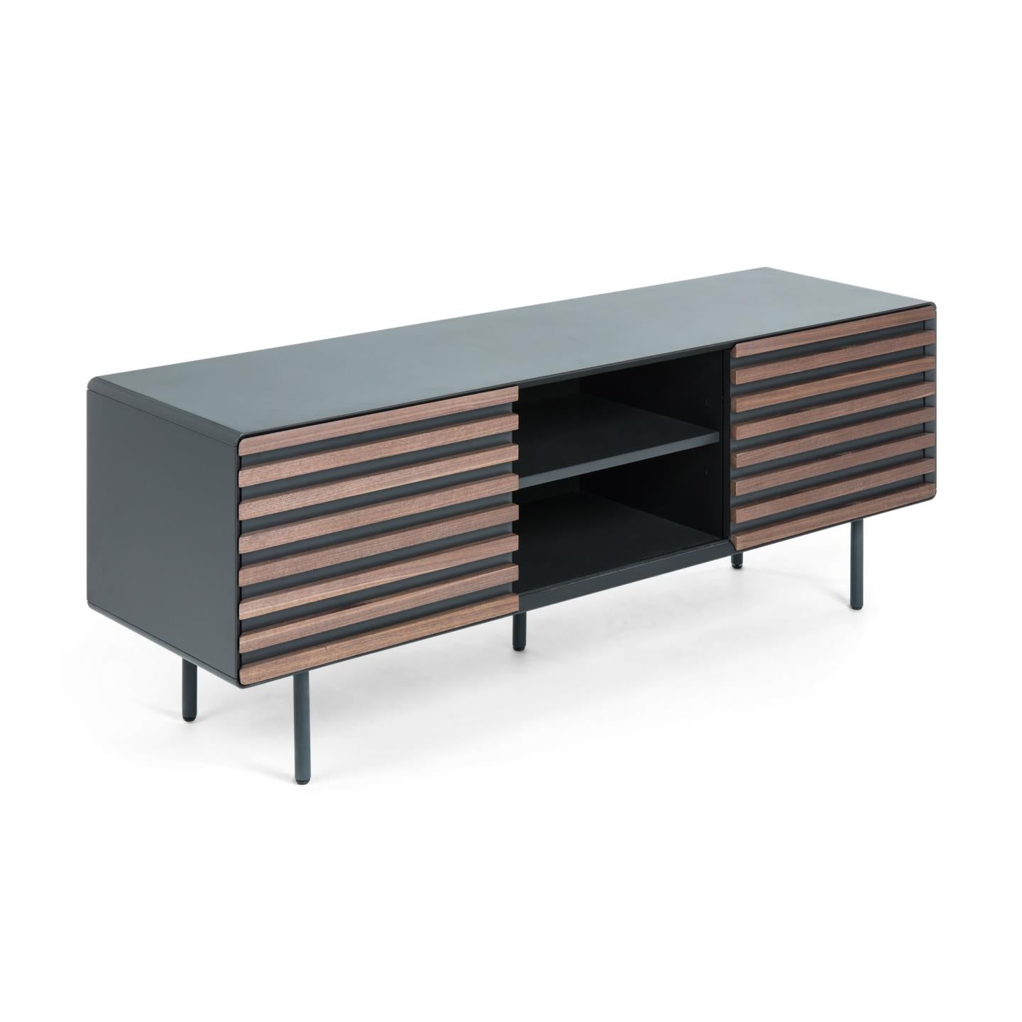 Kesia 2 door TV stand with walnut wood veneer with black lacquer & black steel, 162 x 58 cm - Product Image